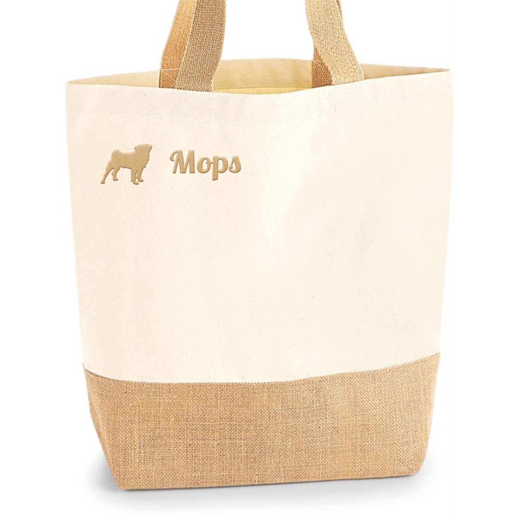 Mops Jute Shopper Einkaufstasche Hundemotiv Stickerei