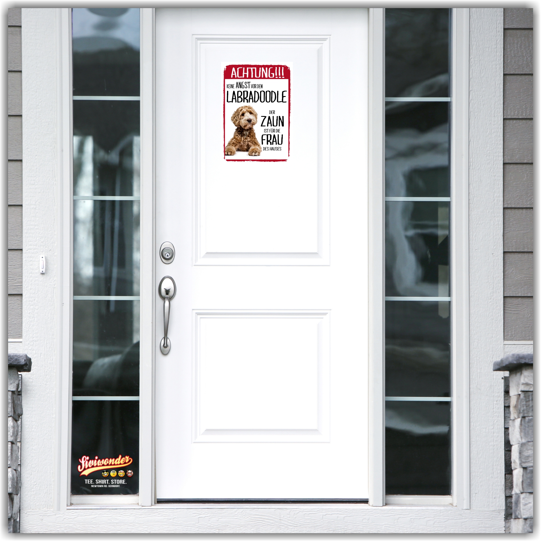 Labradoodle Dog Schild Achtung Zaun Frau Spruch Türschild Hundeschild Warnschild Fun