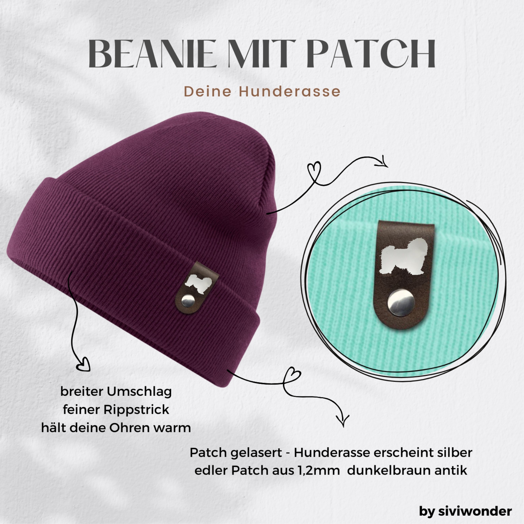 Havaneser Mütze Patch Leder Gassi Beanie Strickmütze Warm Herren Damen Hund  Bichon