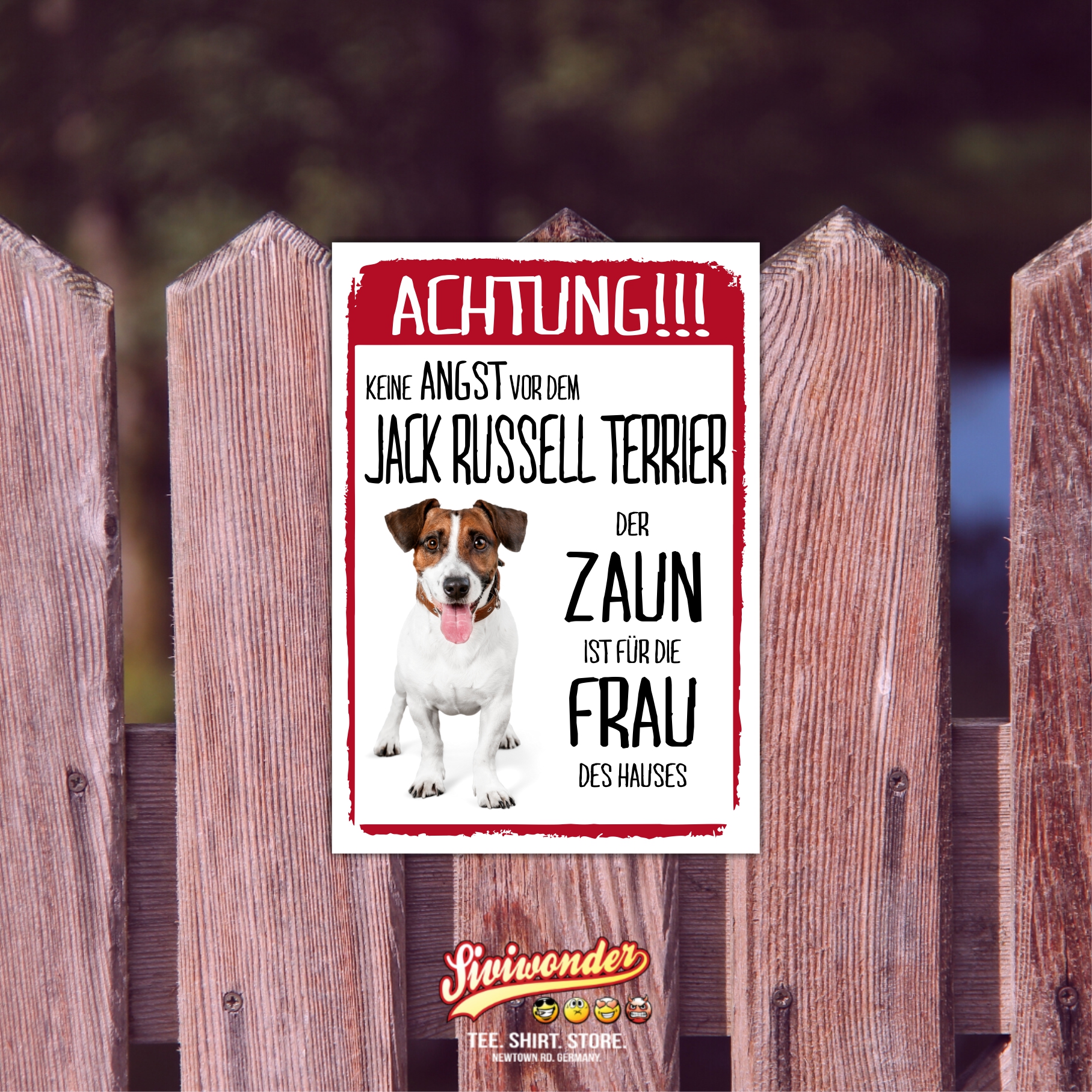 Jack Russell Dog Schild Achtung Zaun Frau Spruch Türschild Hundeschild Warnschild Fun