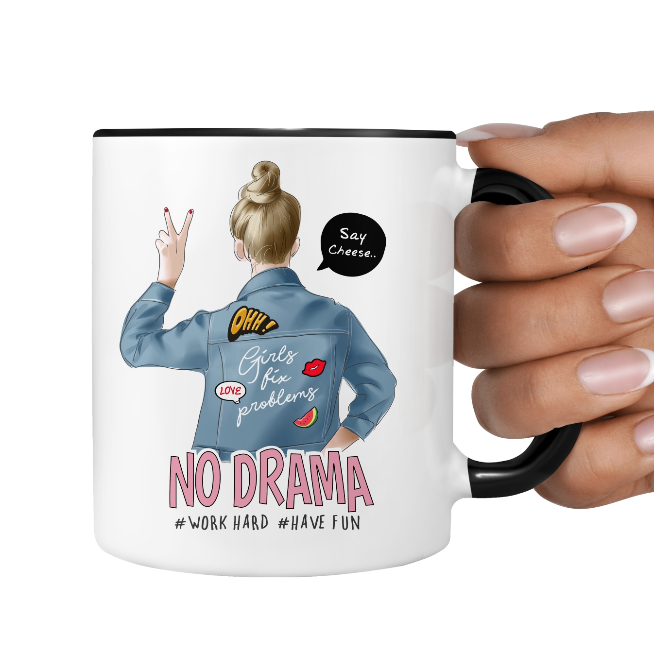 No Drama Girl Work Hard  Tasse Kaffeebecher girl in denim jacke Jeans