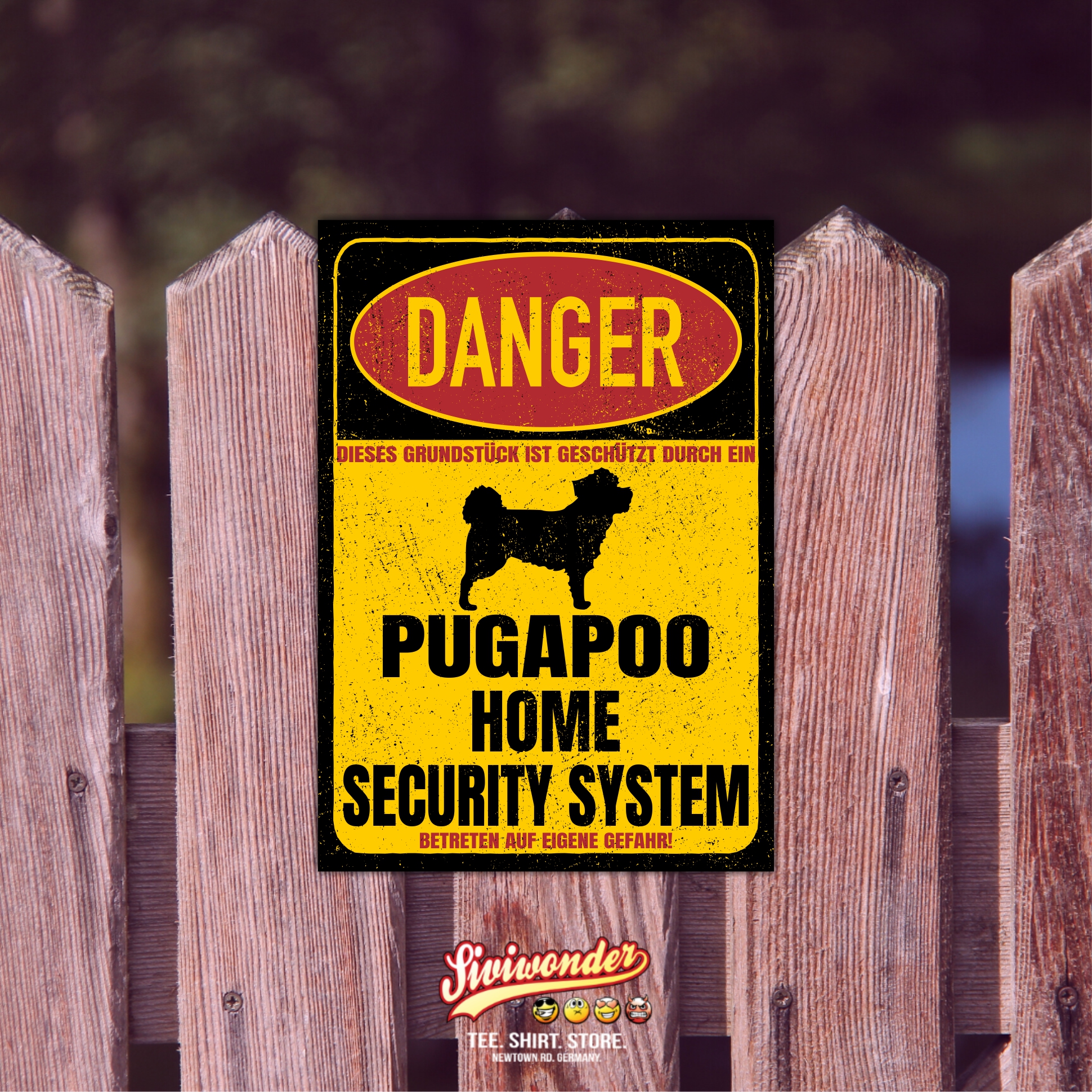 Pugapoo Mops Pudel Mix Türschild Danger Security System Warnschild Hund Schilder Hundeschild