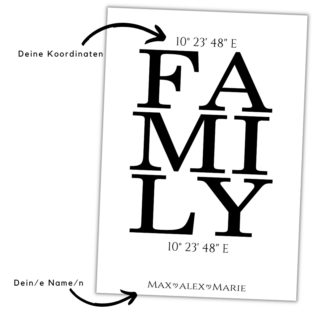 Personalisiertes Schild "Family" mit Wunsch Koordinaten & Name Geschenk Dekoration Familie