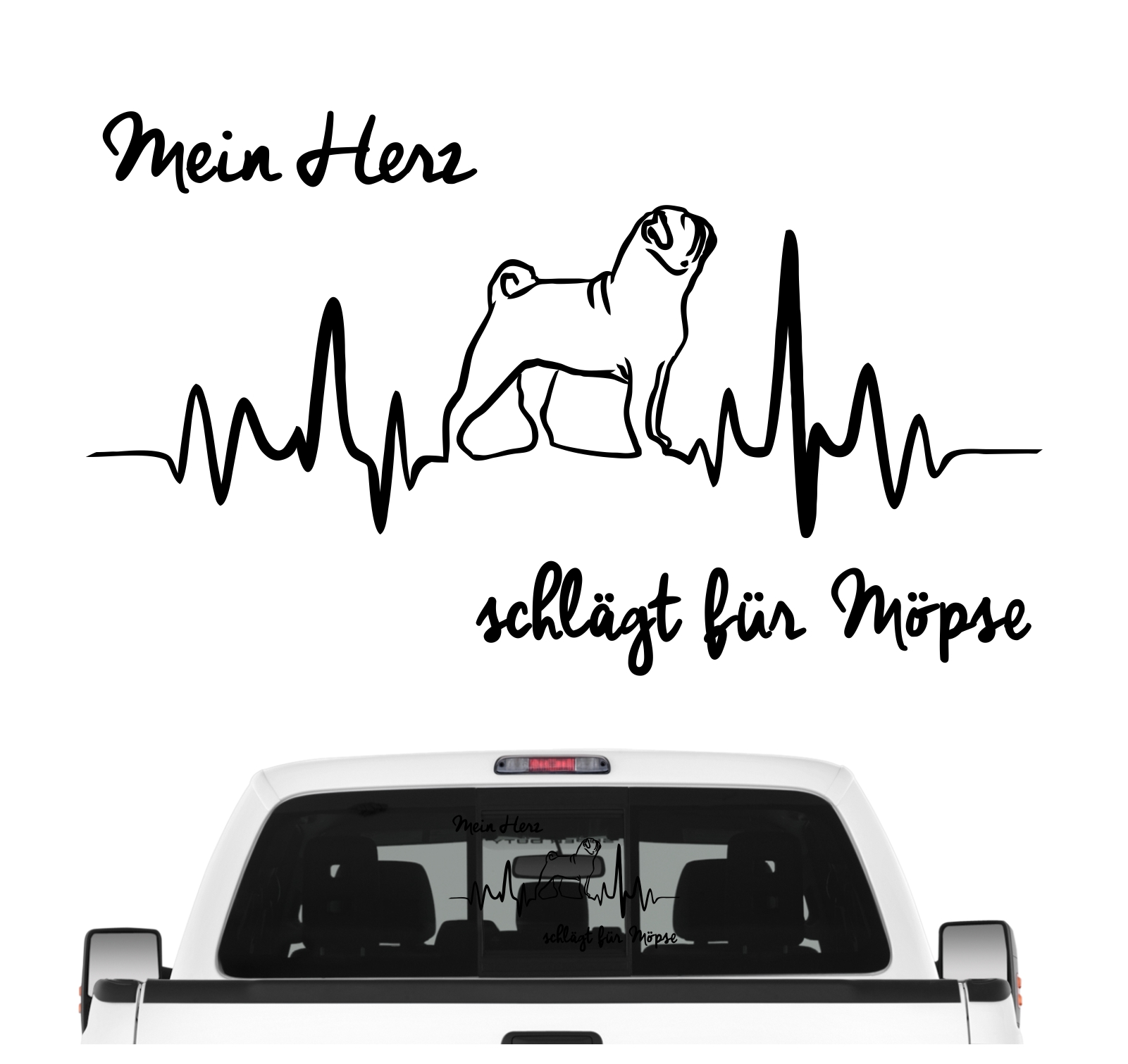 Mops Carlin  Pug  Carlino Aufkleber Auto Herz Heartbeat Hundeaufkleber Hunde Folie