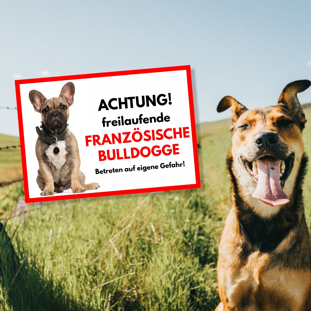 Französische Bulldogge Freilaufender Hund Dog Schild Spruch Türschild Hundeschild Warnschild