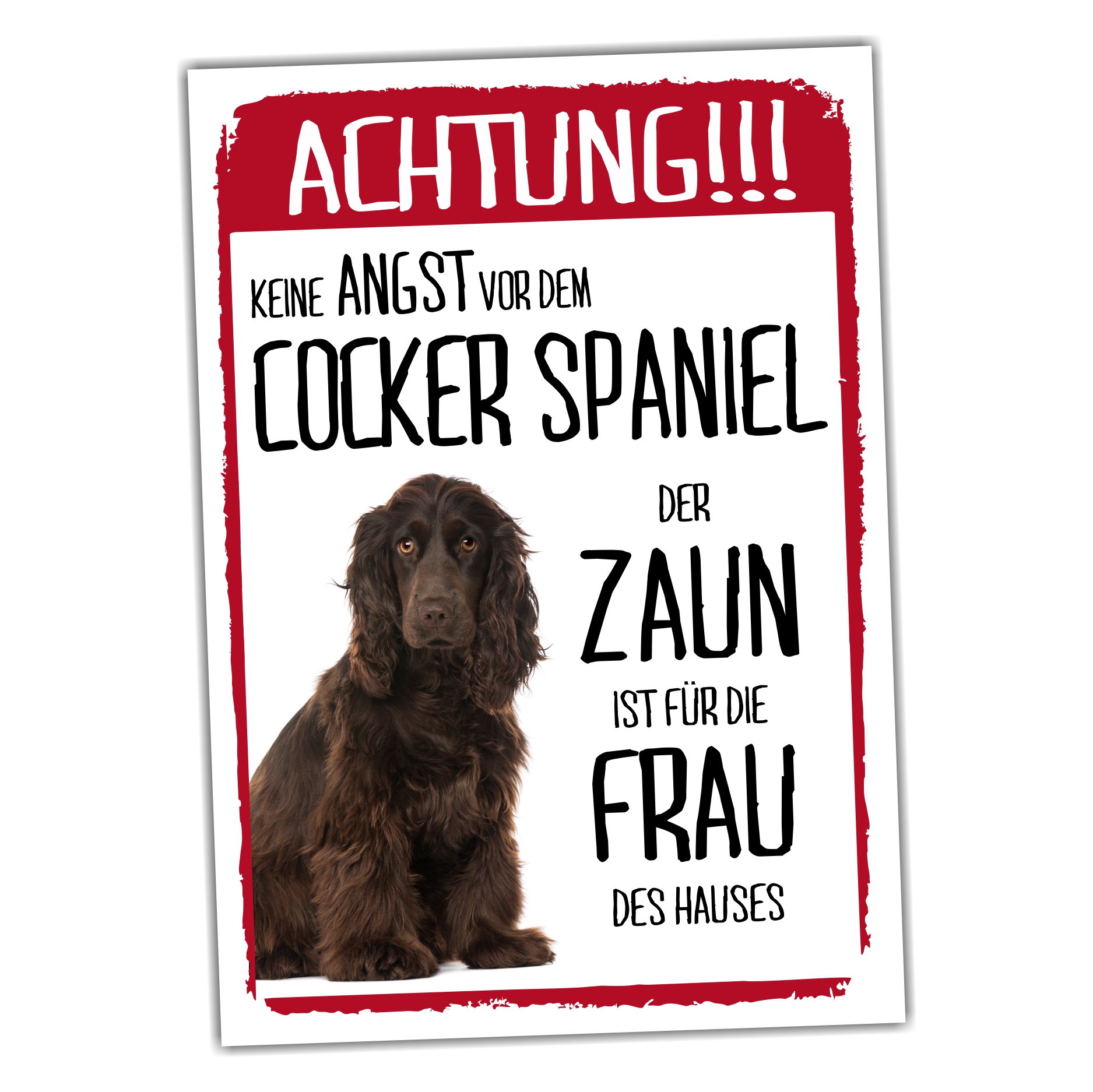 Cocker Spaniel Braun Dog Schild Achtung Zaun Frau Spruch Türschild Hundeschild Warnschild Fun