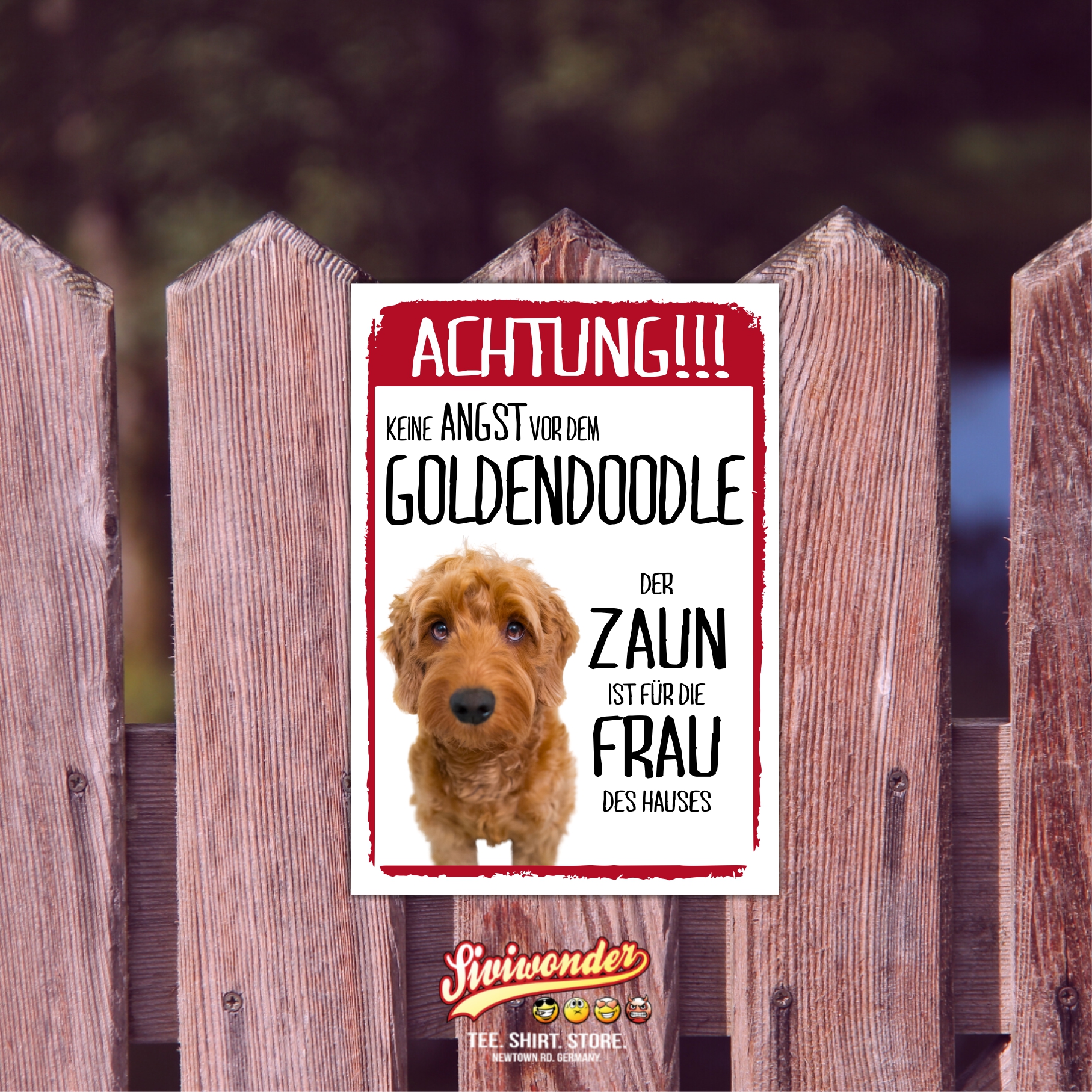 Goldendoodle Dog Schild Achtung Zaun Frau Spruch Türschild Hundeschild Warnschild Fun
