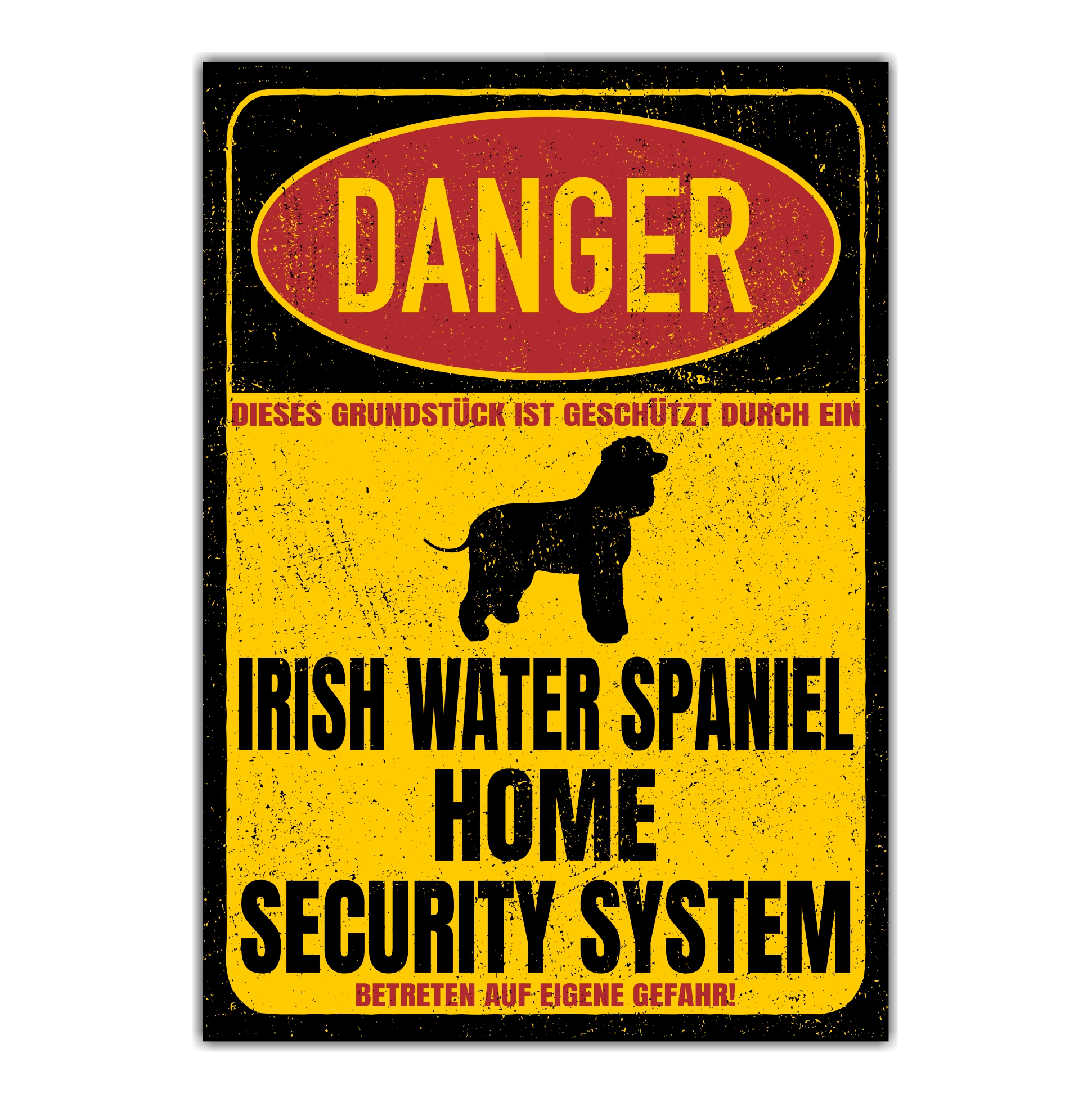 Irish Water Spaniel Whiptail Shannon Spanier Bog Dog Türschild Danger Security System Warnschild Hund Schilder Hundeschild