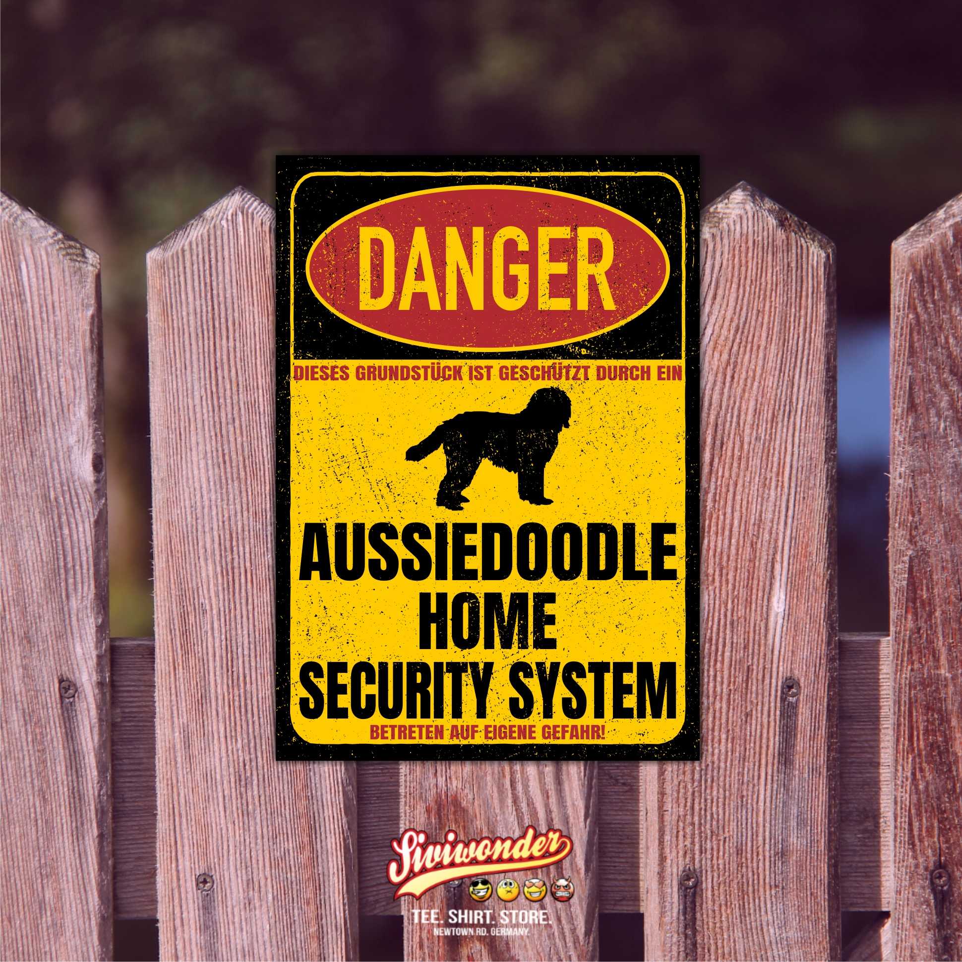 Aussiedoodle Australian Shepherd Mischling Pudel Designerhund Dog Türschild Danger Security System Warnschild Hund Schilder Hundeschild happy Design by Siviwonder