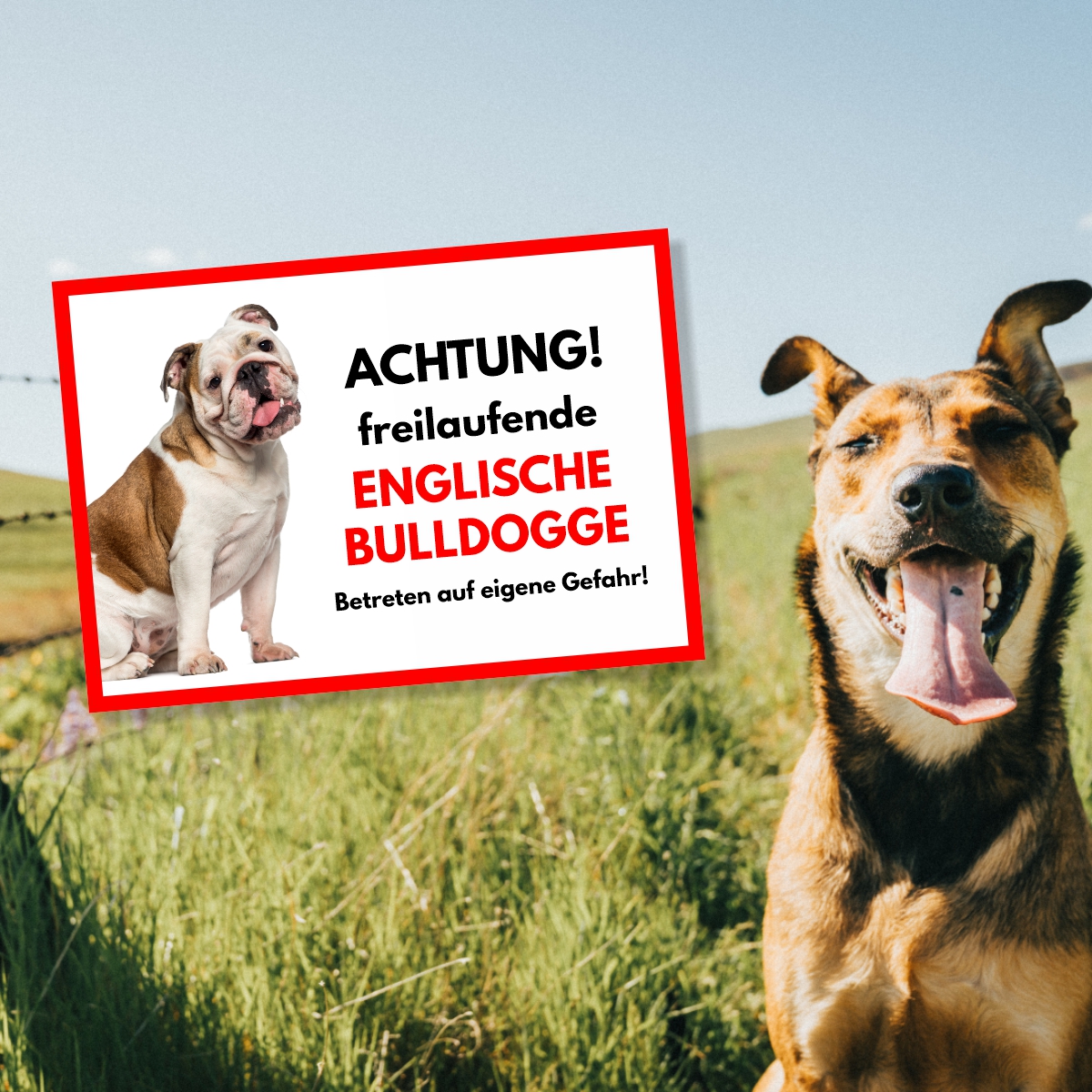Englische Bulldogge Freilaufender Hund Dog Schild Spruch Türschild Hundeschild Warnschild