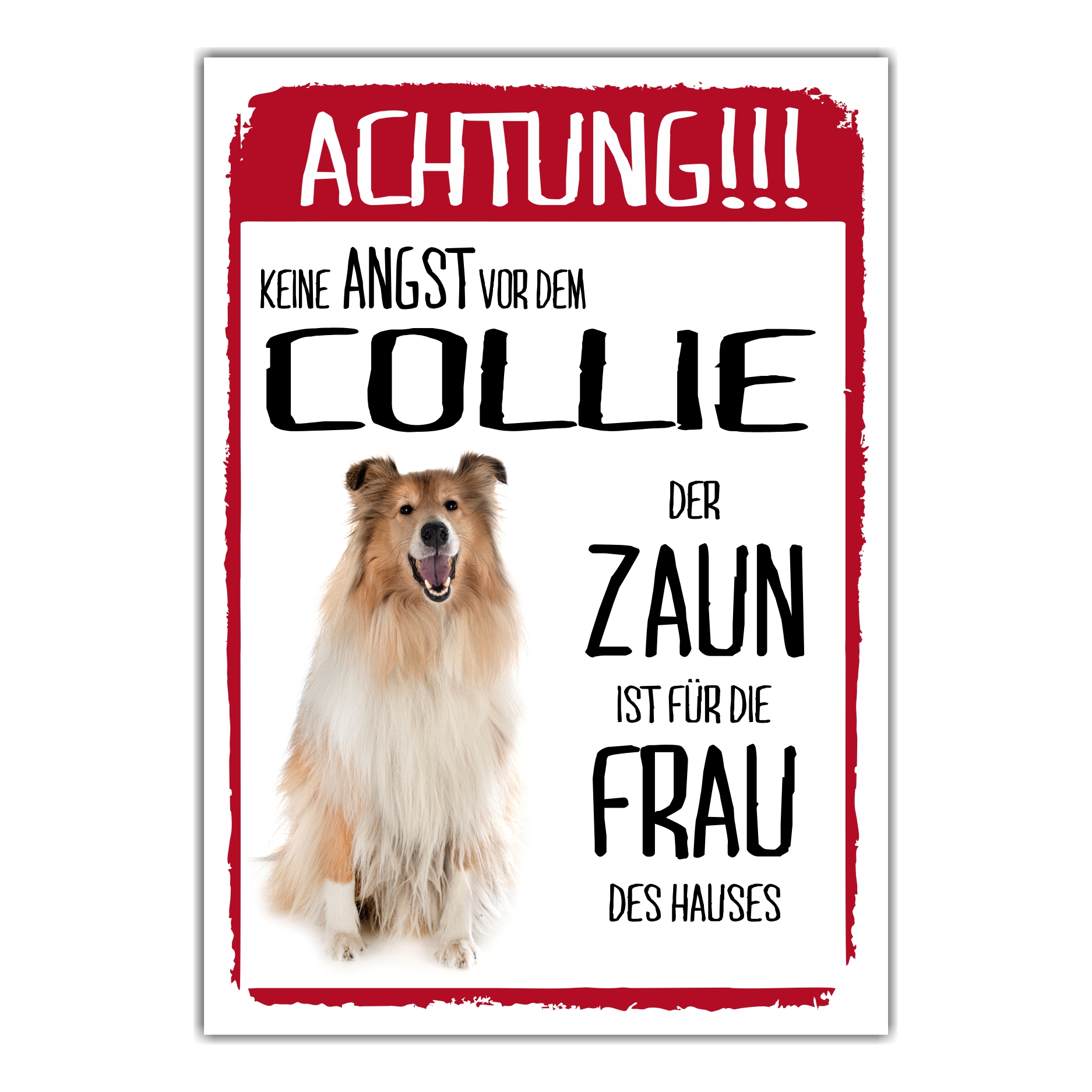 Collie Dog Schild Achtung Zaun Frau Spruch Türschild Hundeschild Warnschild Fun