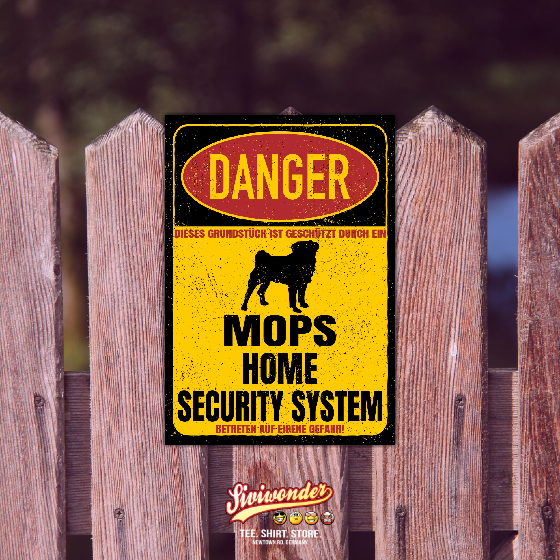 Mops Türschild Danger Security System Warnschild Hund Schilder Hundeschild