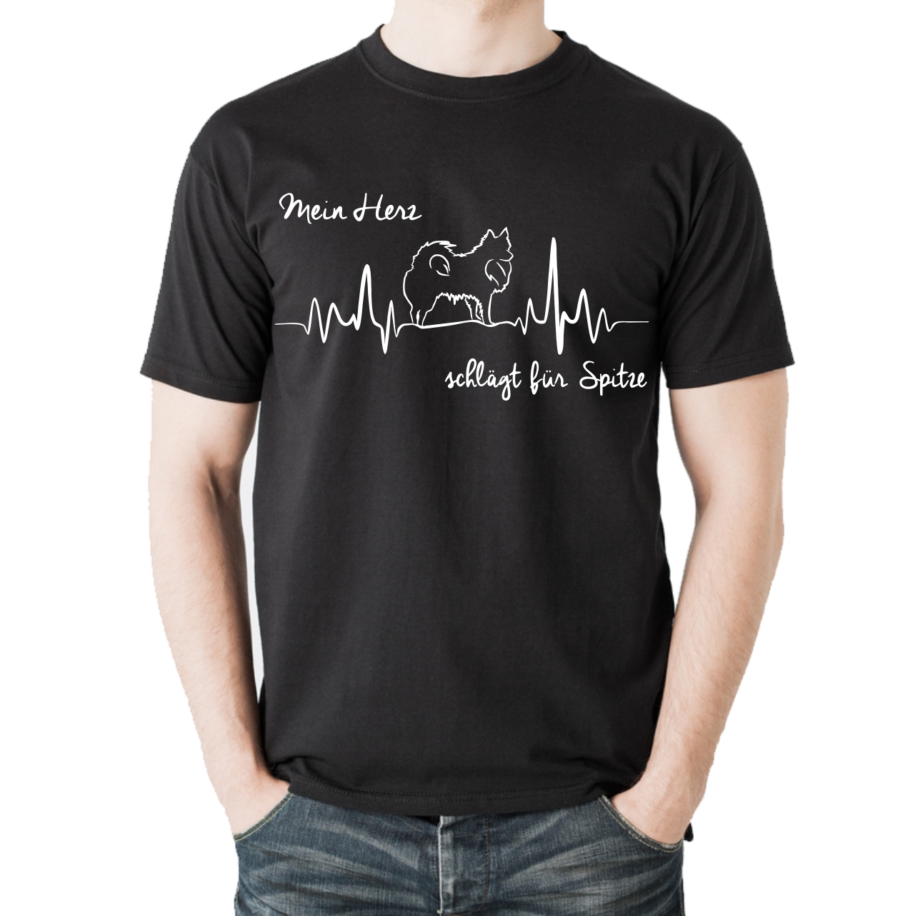SPITZ deutsche Spitze UNISEX T-SHIRT HEARTBEAT EKG Hund Hundemotiv Herz Herzschlag