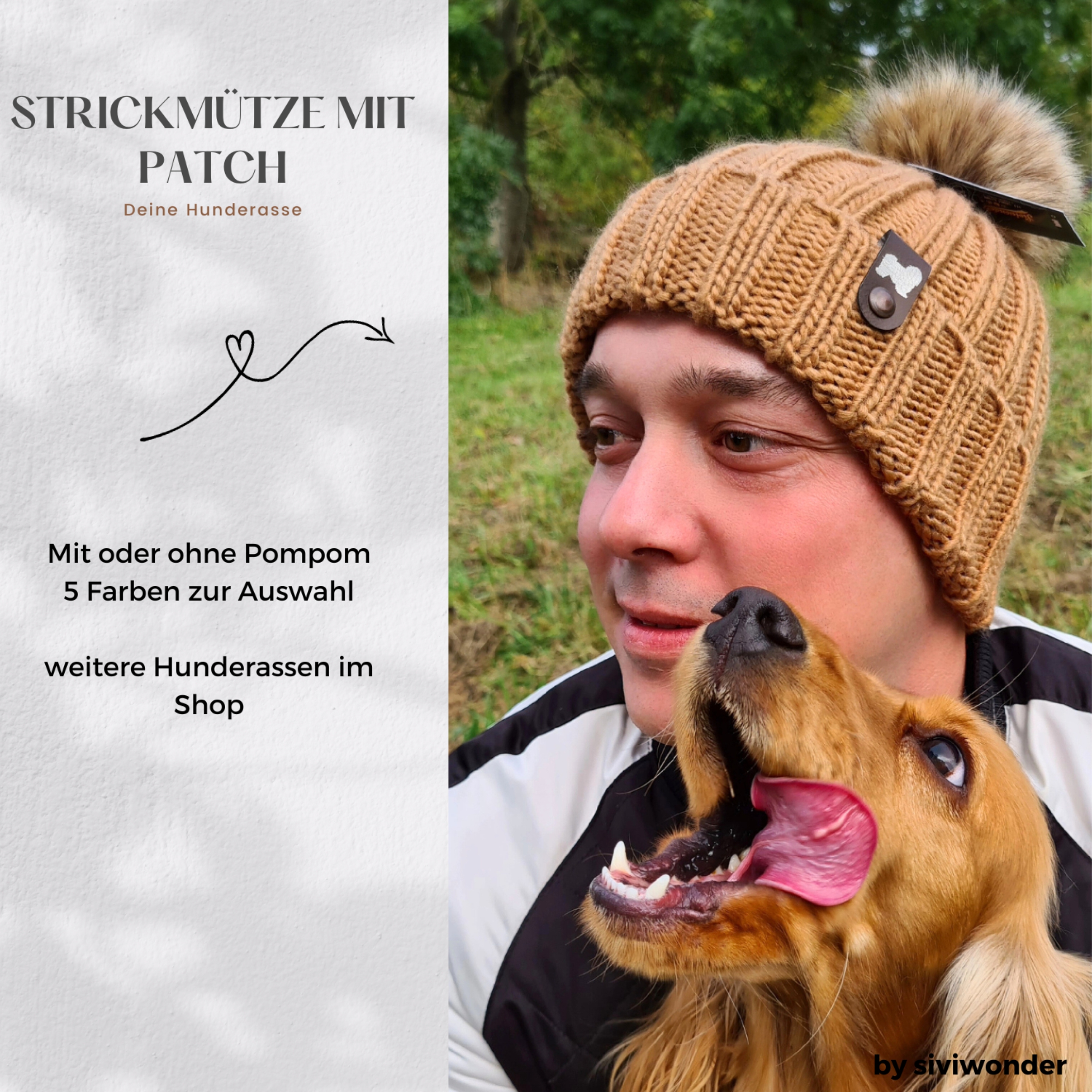 Mops Mütze Pompom Hunde Patch Gassi Beanie Strickmütze Bommel Warm Pug