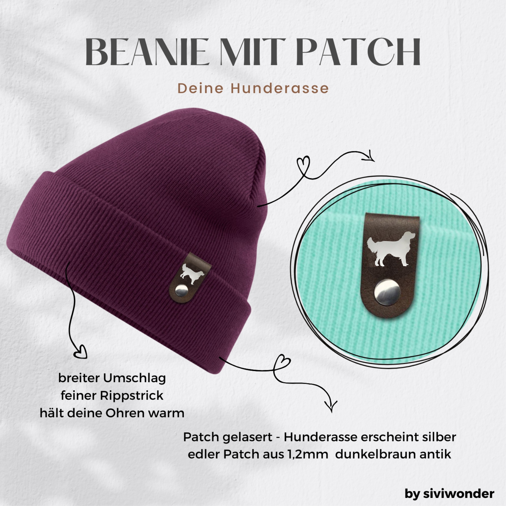 Golden Retriever Mütze Patch Leder Gassi Beanie Strickmütze Warm Herren Damen Goldie Herbst