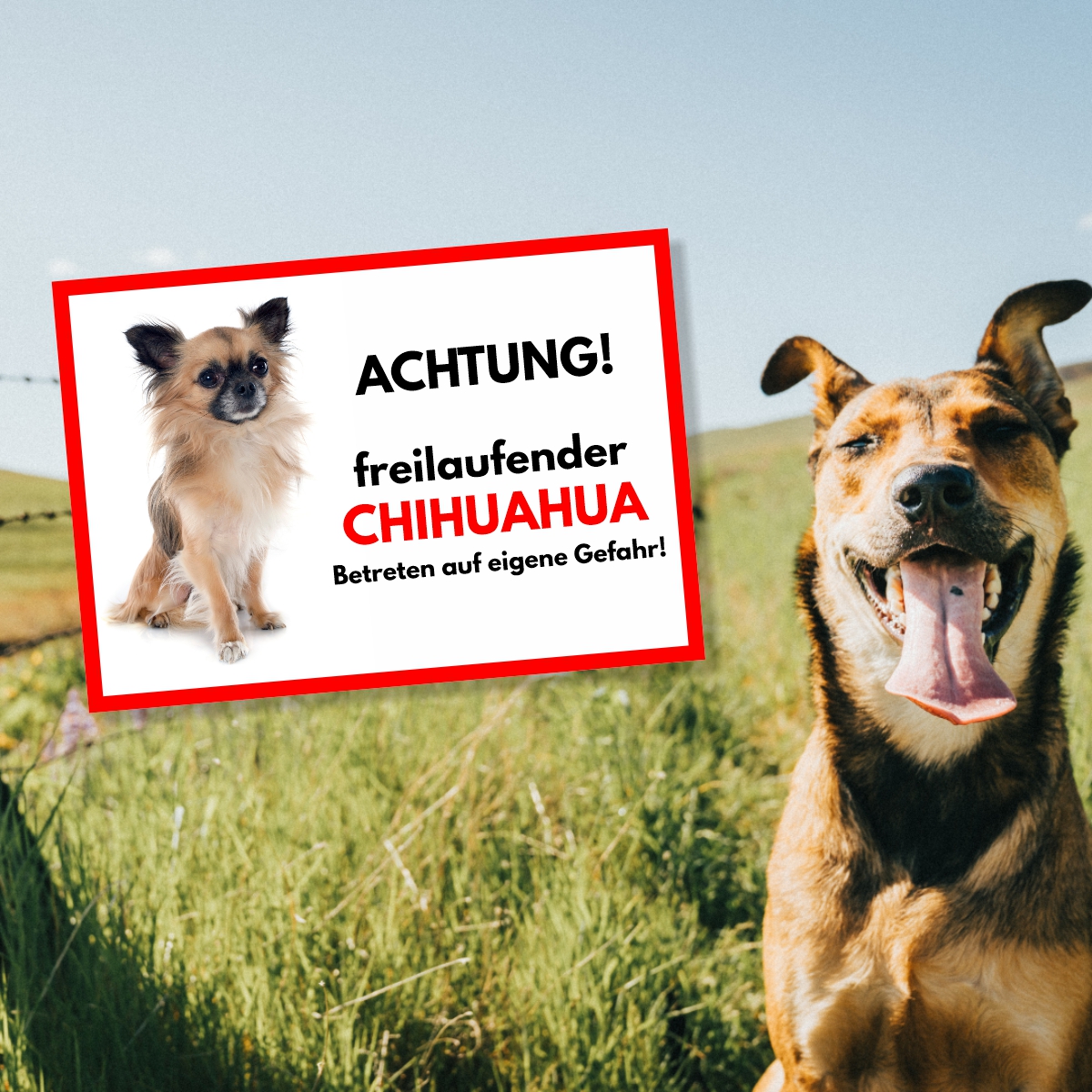 Chihuahua Langhaar Freilaufender Hund Dog Schild Spruch Türschild Hundeschild Warnschild