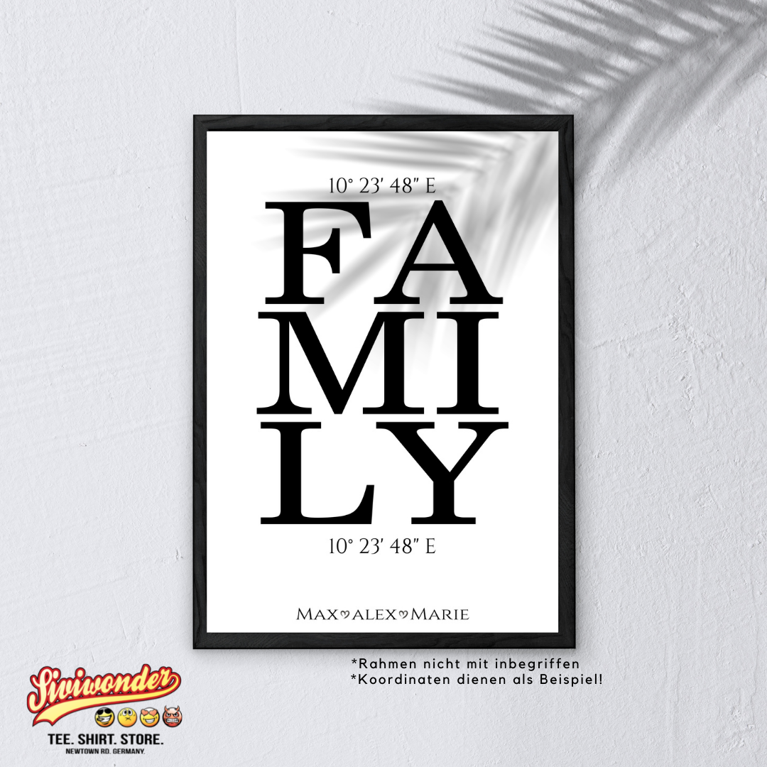 Personalisiertes Schild "Family" mit Wunsch Koordinaten & Name Geschenk Dekoration Familie