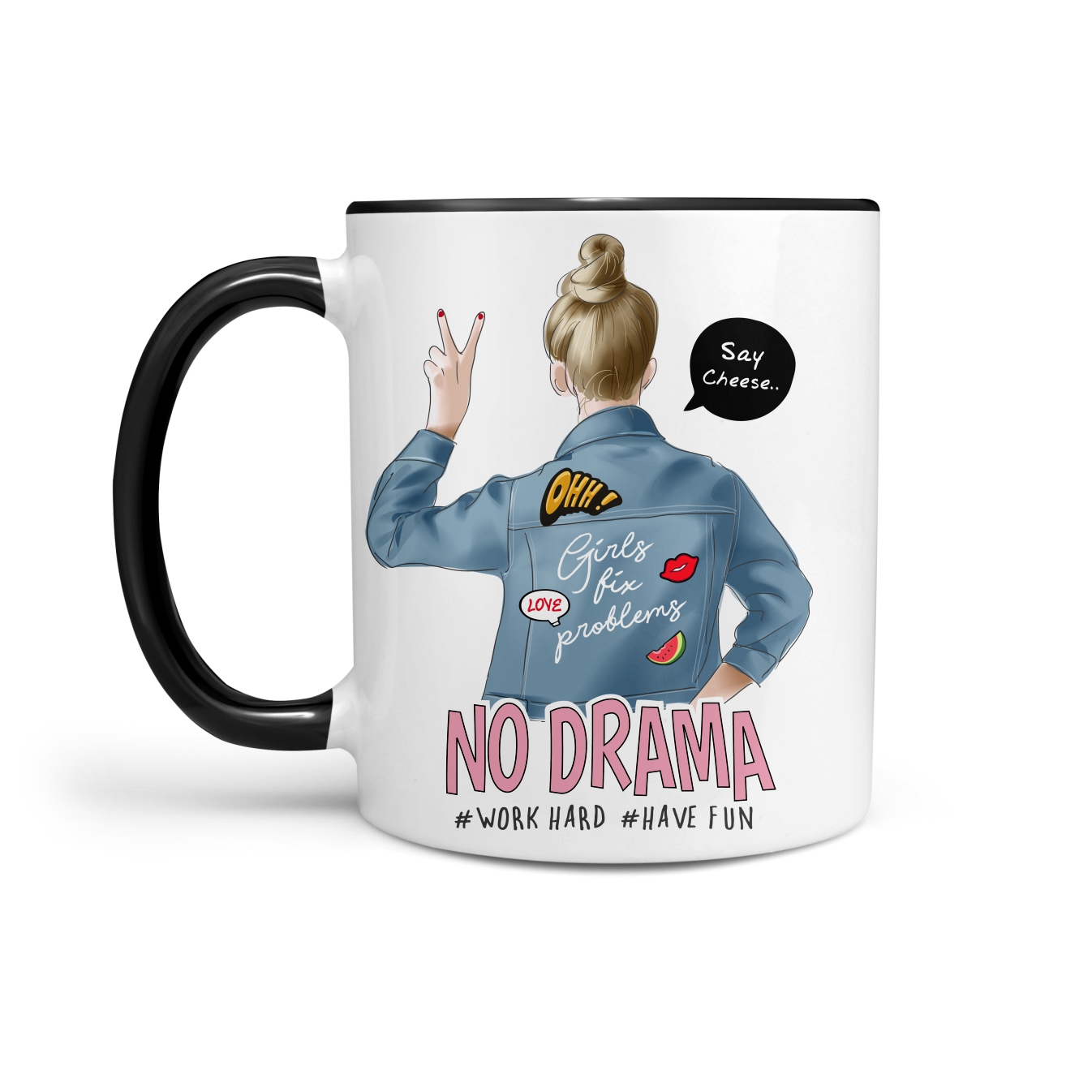 No Drama Girl Work Hard  Tasse Kaffeebecher girl in denim jacke Jeans