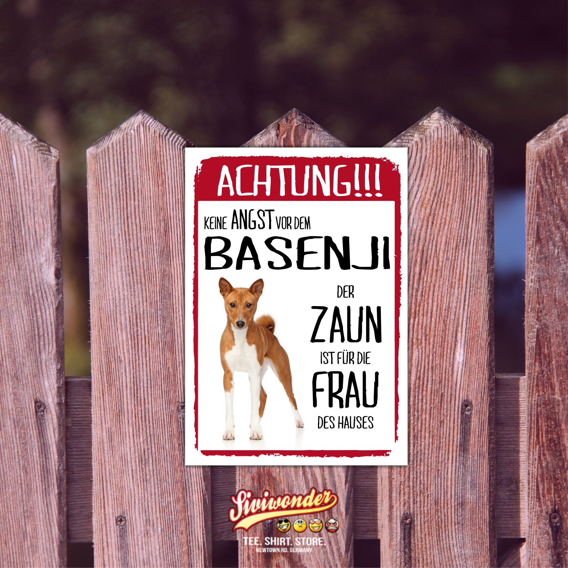 Basenji Schild Achtung Zaun Frau Spruch Türschild Hundeschild Warnschild Fun