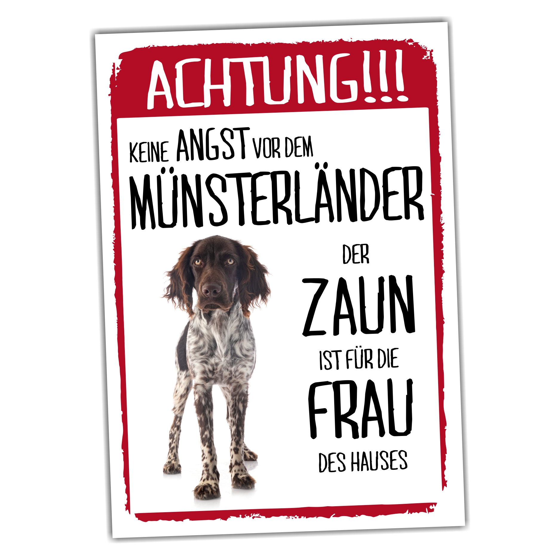 Münsterländer Dog Schild Achtung Zaun Frau Spruch Türschild Hundeschild Warnschild Fun