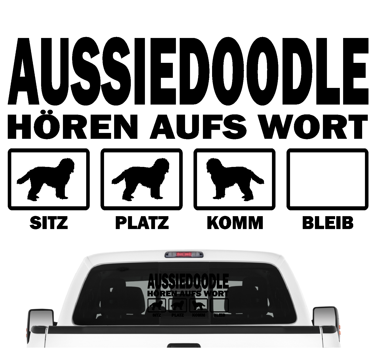 Aussiedoodle Australian Shepherd Mischling Pudel Designerhund Dog  Hört aufs Wort Hunde Aufkleber Sticker Autoaufkleber