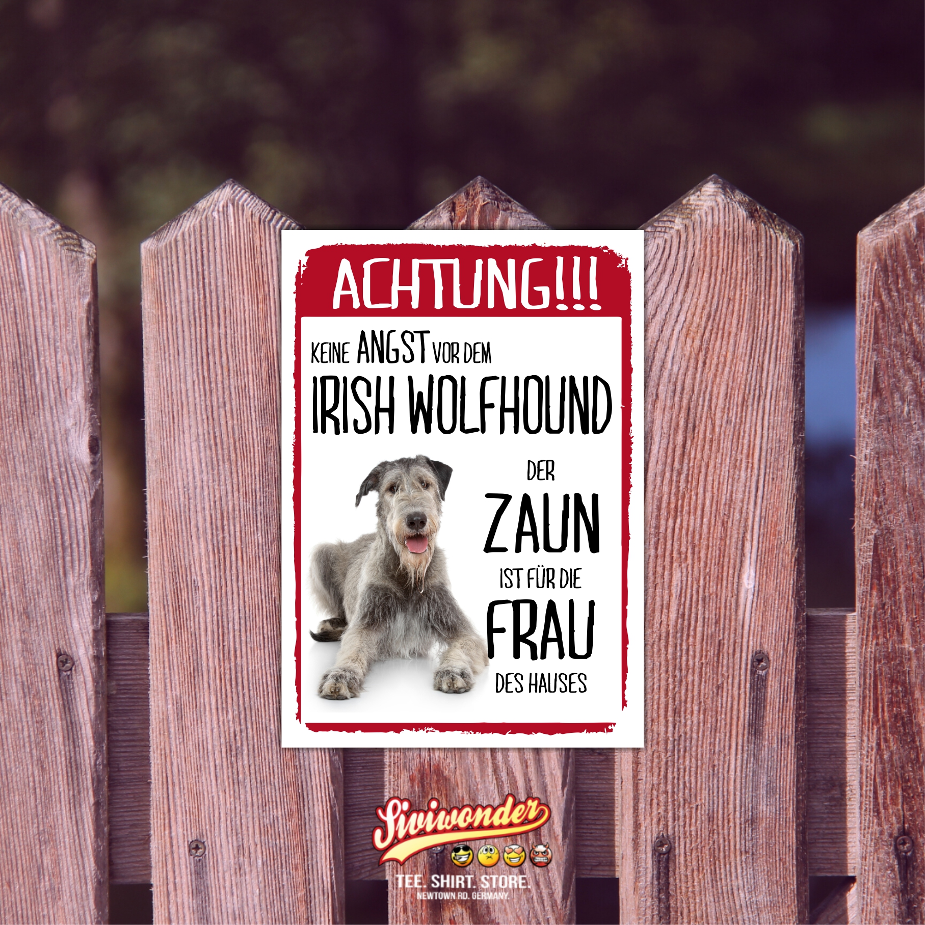 Irish Wolfhound Dog Schild Achtung Zaun Frau Spruch Türschild Hundeschild Warnschild Fun