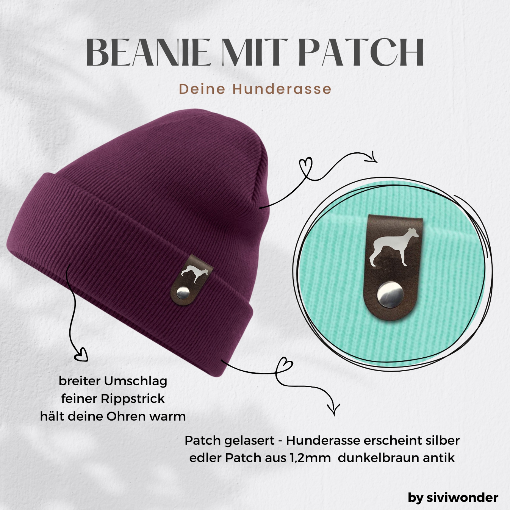 Whippet Windhund Mütze Patch edel Leder Gassi Beanie Strickmütze Warm Herren Damen