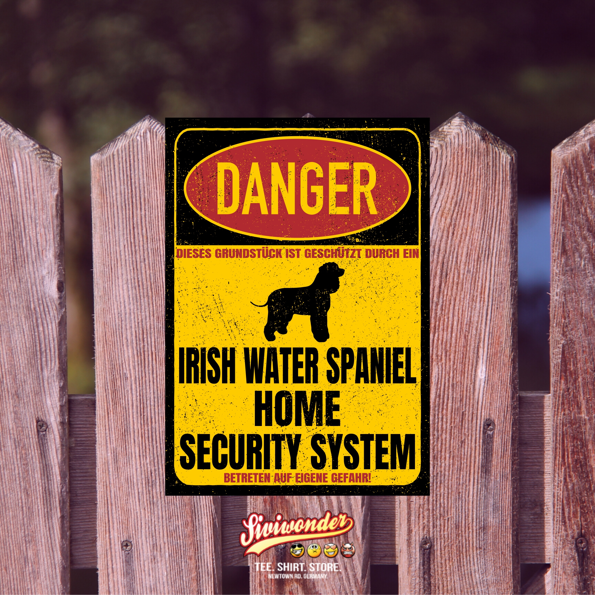 Irish Water Spaniel Whiptail Shannon Spanier Bog Dog Türschild Danger Security System Warnschild Hund Schilder Hundeschild
