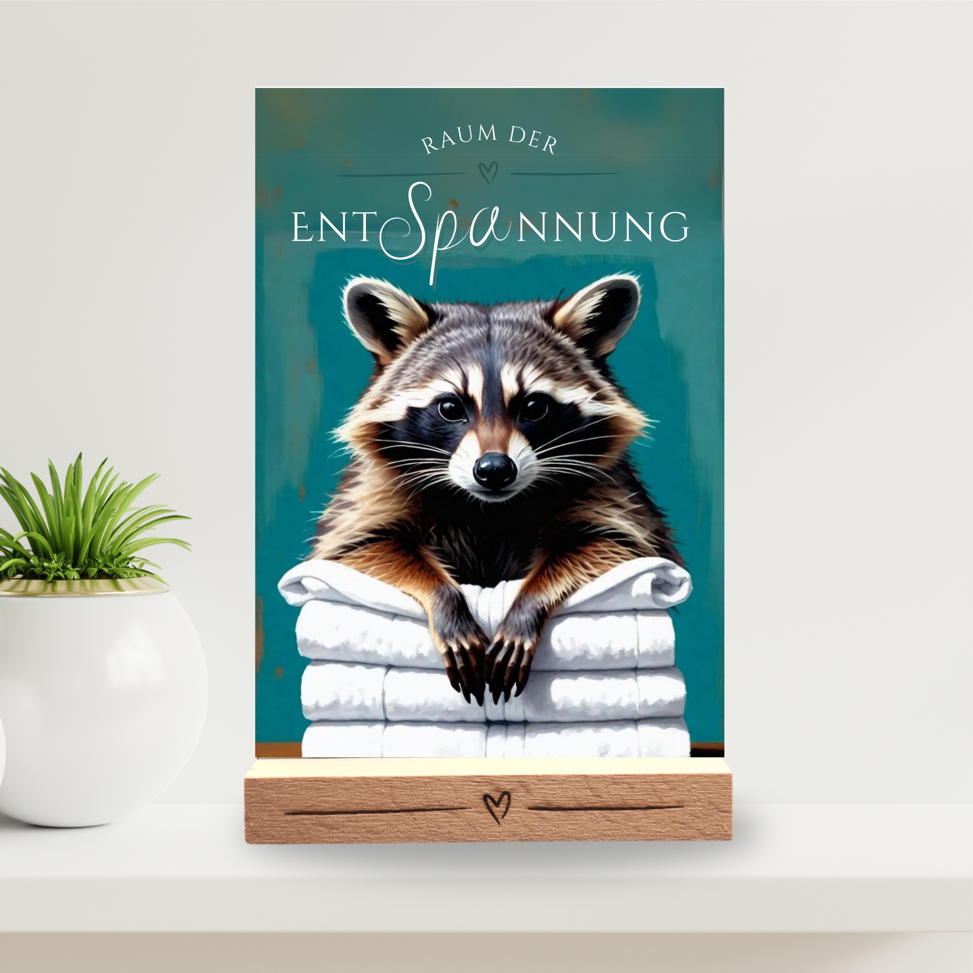 Waschbär Racoon Schild Wellness Handtuch Entspannung  Schild Spruch