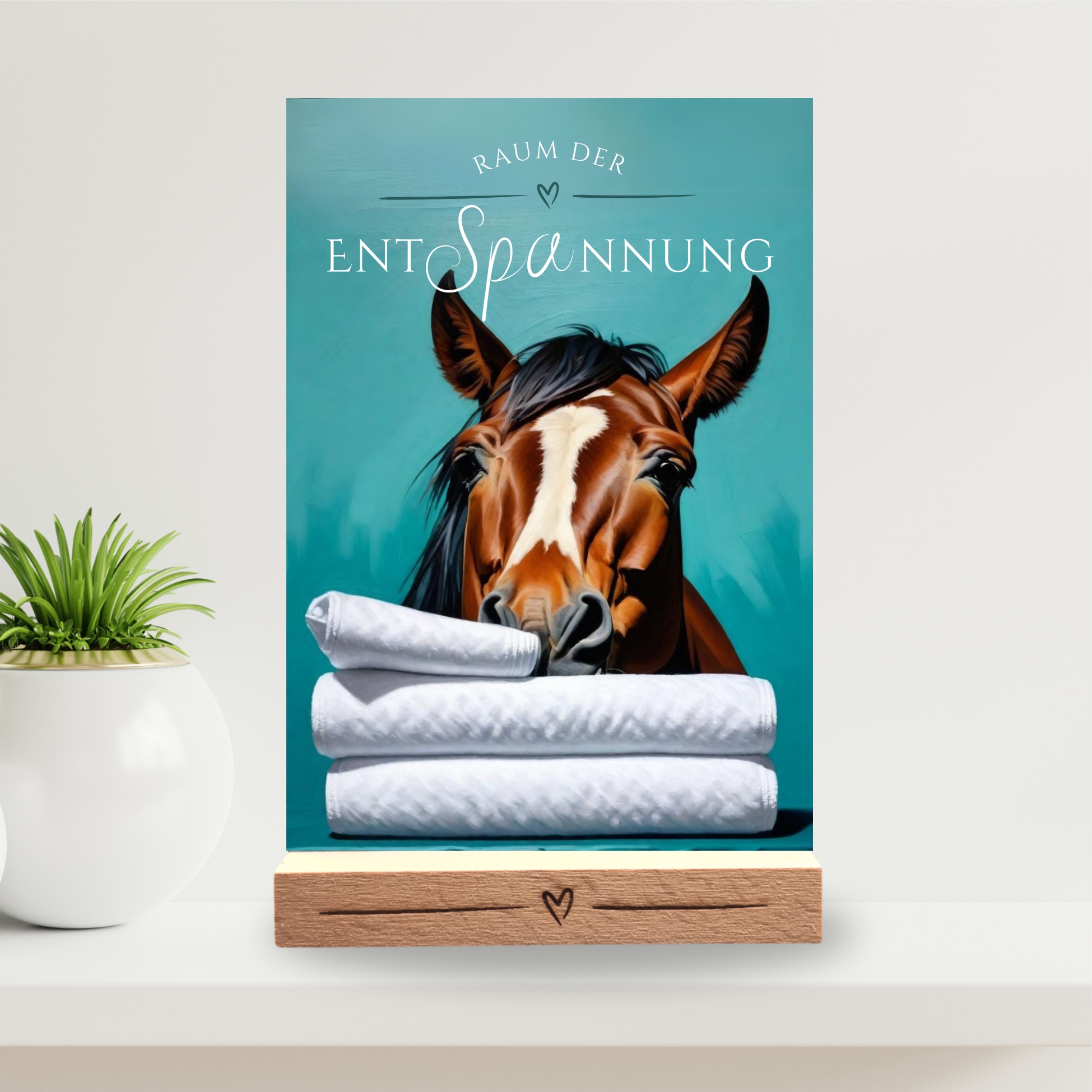 Pferd Schild Wellness Handtuch Entspannung No.2 Deko Badezimmer Holzständer reiten Horse