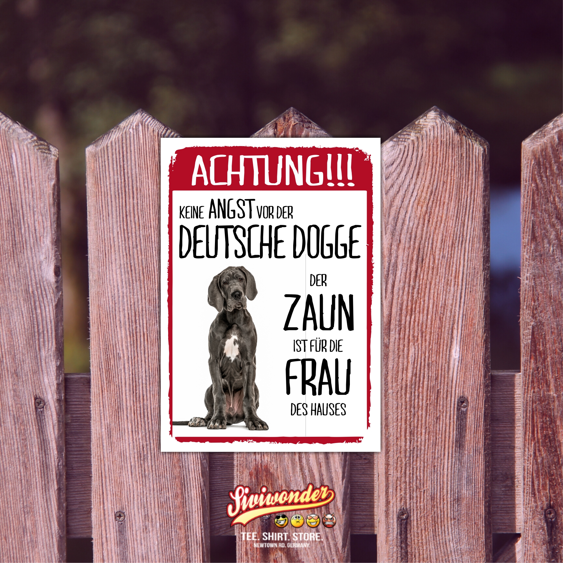 Deutsche Dogge Dog Schild Achtung Zaun Frau Spruch Türschild Hundeschild Warnschild Fun