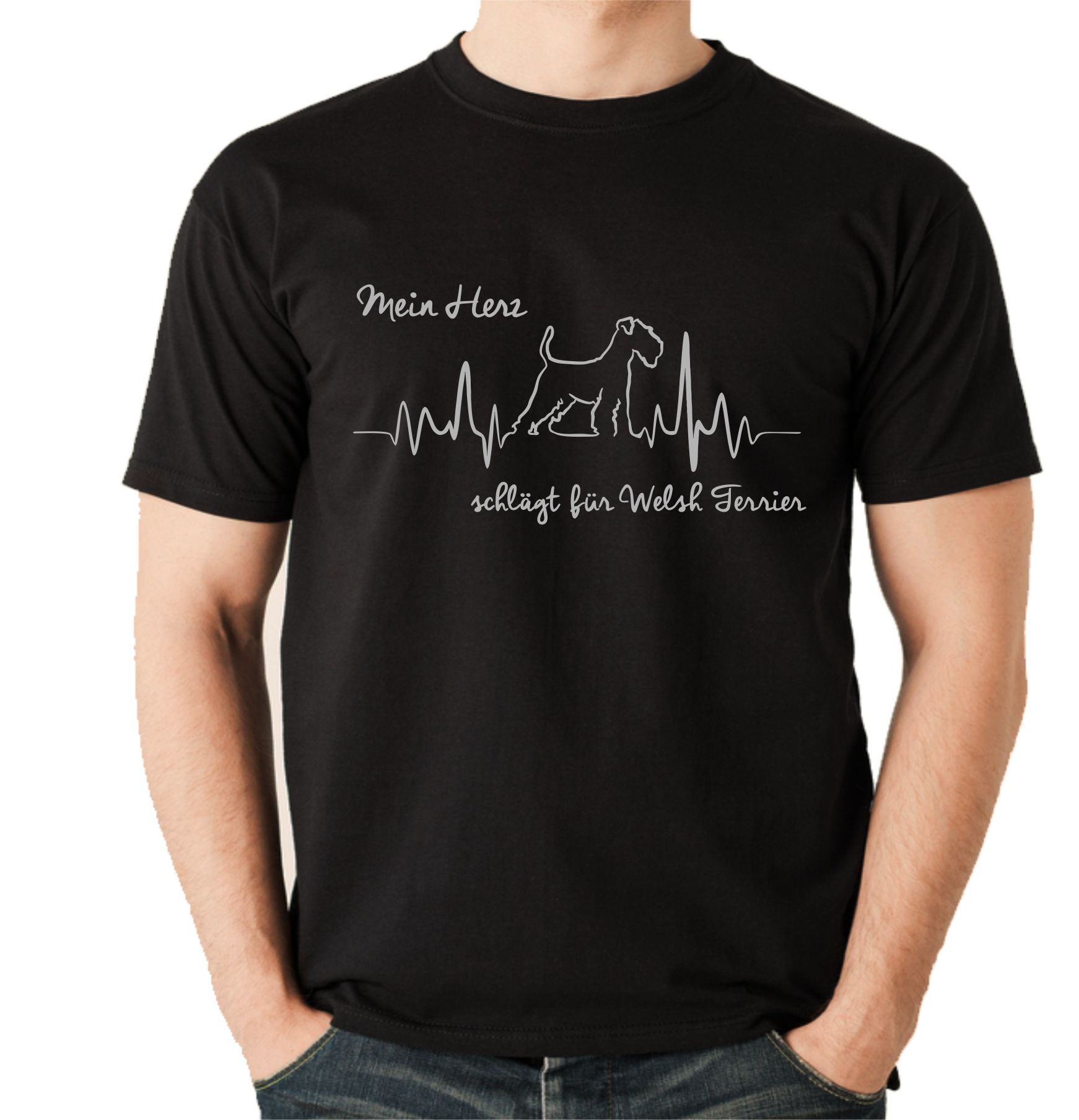 WELSH TERRIER UNISEX T-SHIRT HEARTBEAT EKG Hund Hundemotiv Herz Herzschlag