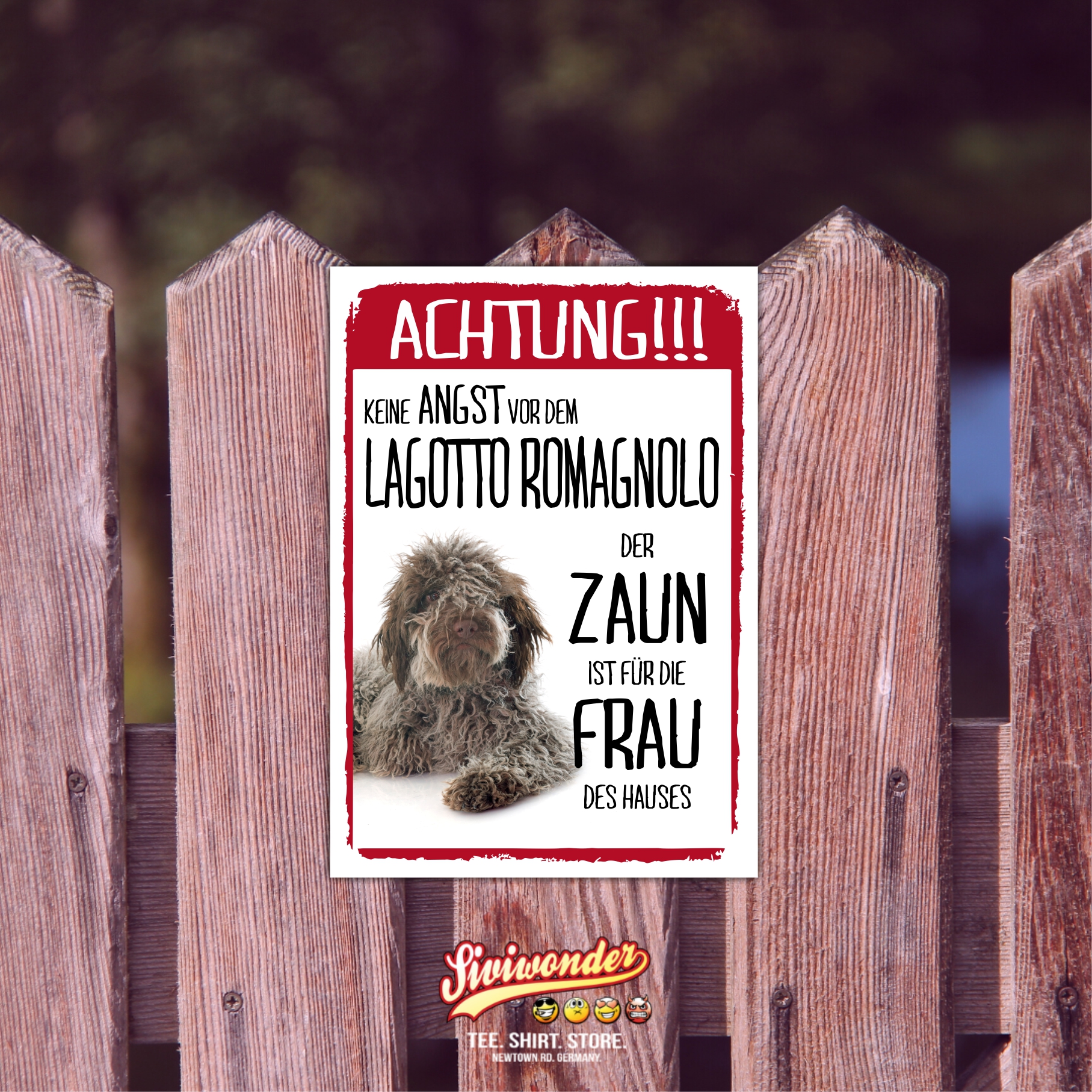Lagotto Romagnolo Dog Schild Achtung Zaun Frau Spruch Türschild Hundeschild Warnschild Fun