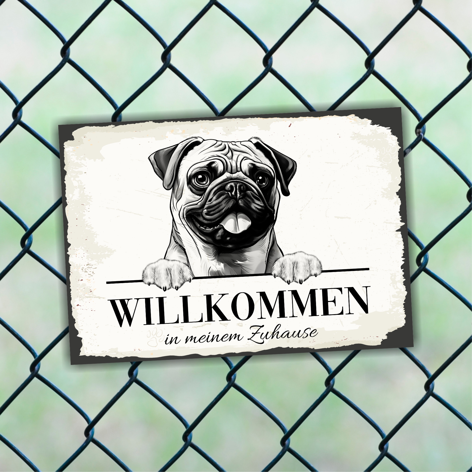 Hundeschild Willkommen Zuhause  Mops Pug Schild Achtung Spruch