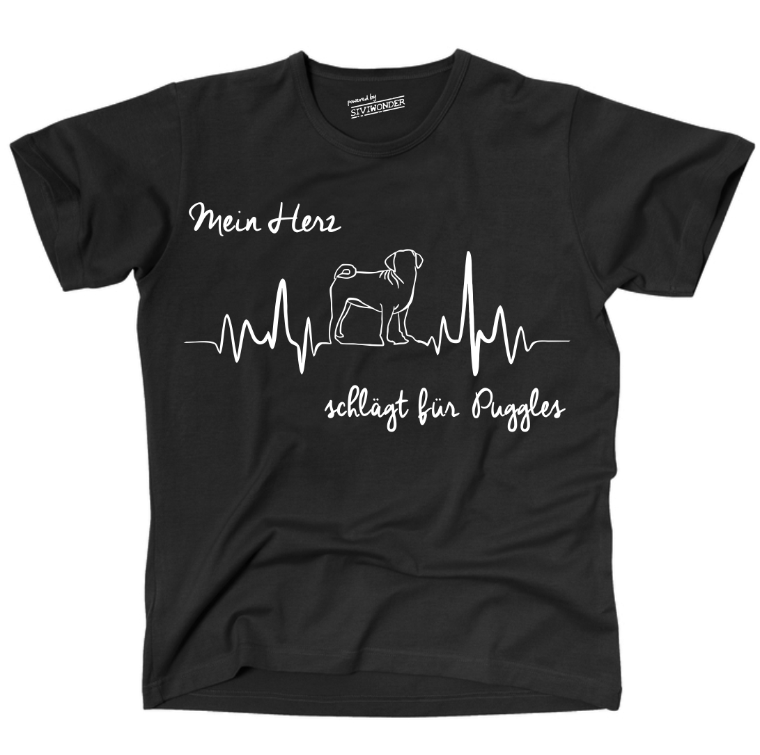 PUGGLE Beagle Mops Mix UNISEX T-SHIRT HEARTBEAT EKG Hund Hundemotiv Herz Herzschlag