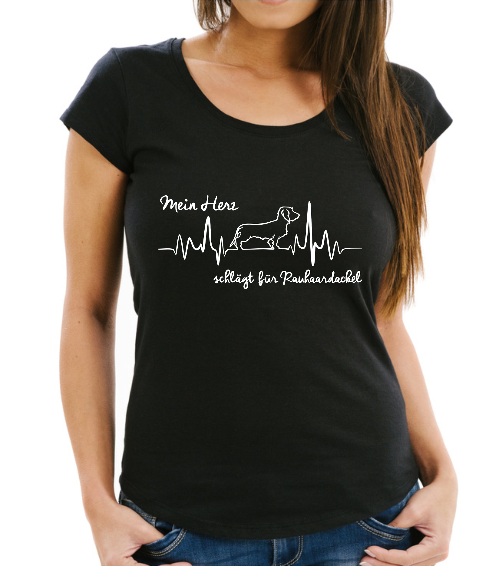 RAUHAARDACKEL DAMEN T-SHIRT HEARTBEAT EKG Hund Hundemotiv Herz Herzschlag Dackel Teckel