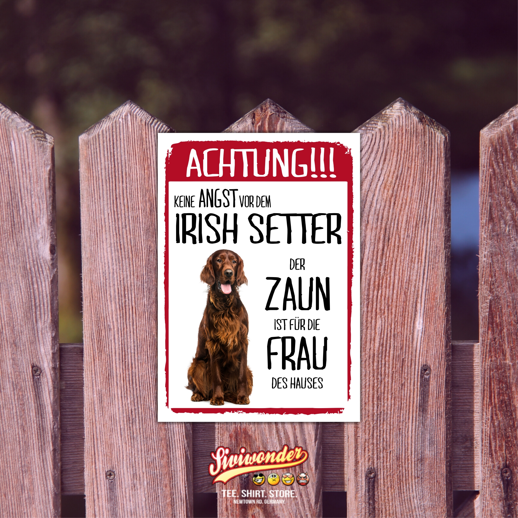 Irish Setter Dog Schild Achtung Zaun Frau Spruch Türschild Hundeschild Warnschild Fun