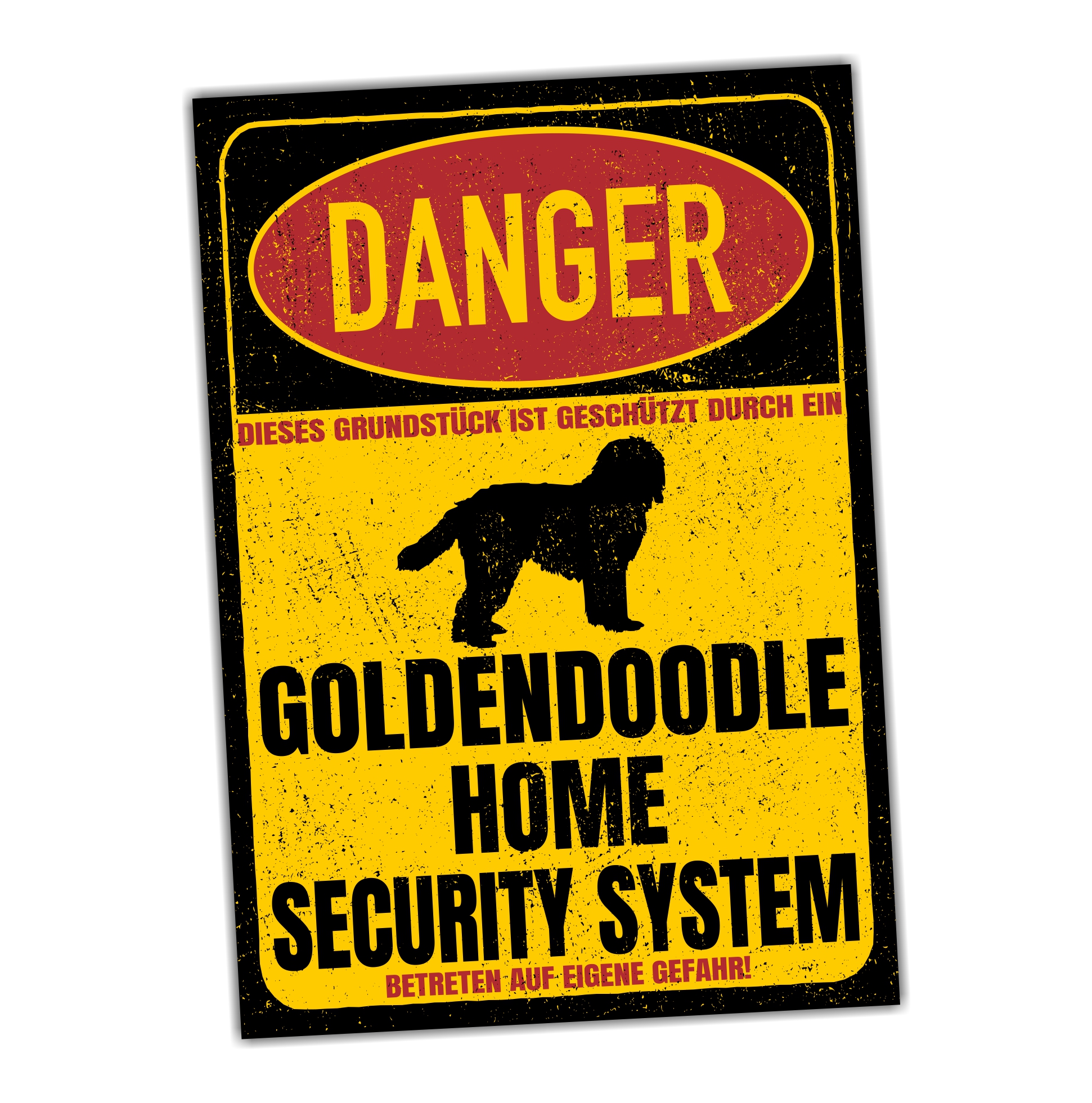 Goldendoodle Doodle Goldie Golden Retriever Pudel Mix Mischling Dog Türschild Danger Security System Warnschild Hund Schilder Hundeschild happy Design by Siviwonder