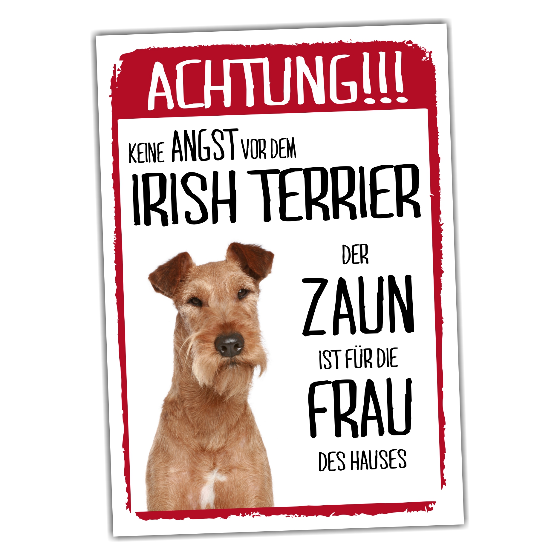 Irish Terrier Dog Schild Achtung Zaun Frau Spruch Türschild Hundeschild Warnschild Fun