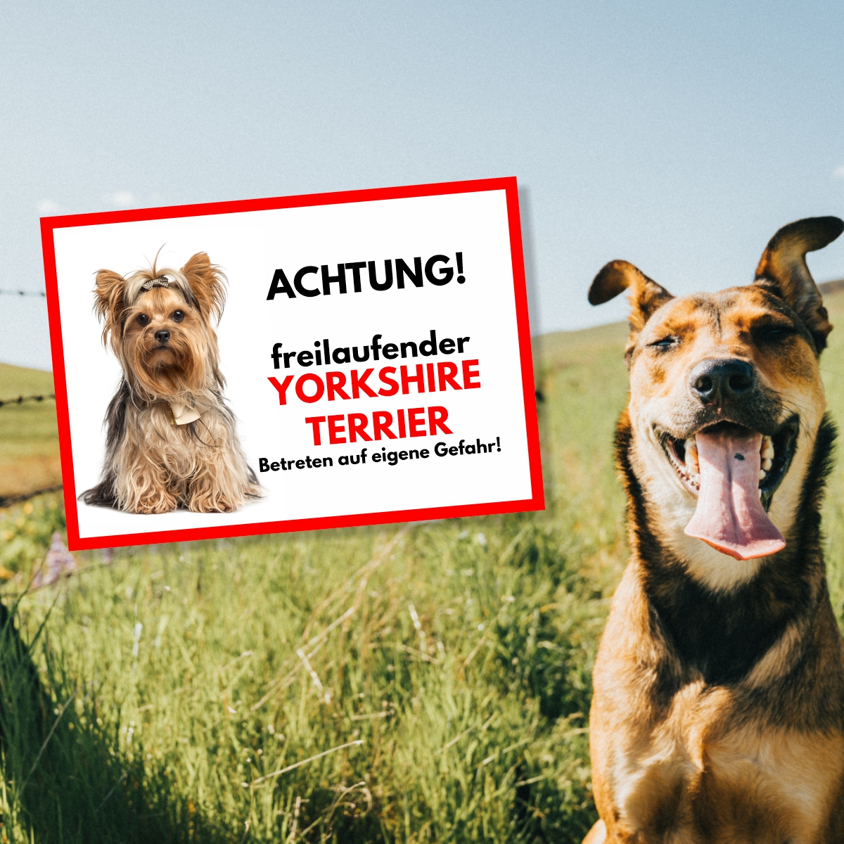 Yorkshire Terrier Freilaufender Hund Dog Schild Spruch Türschild Hundeschild Warnschild