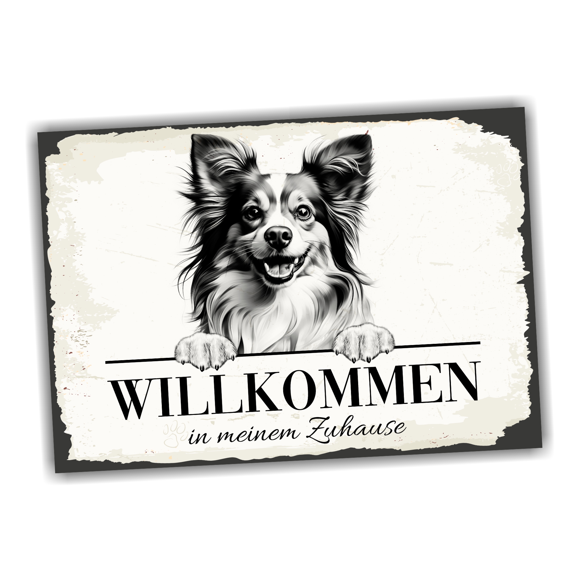 Hundeschild Willkommen Zuhause Papillon Zwergspaniel  Schild Achtung Spruch