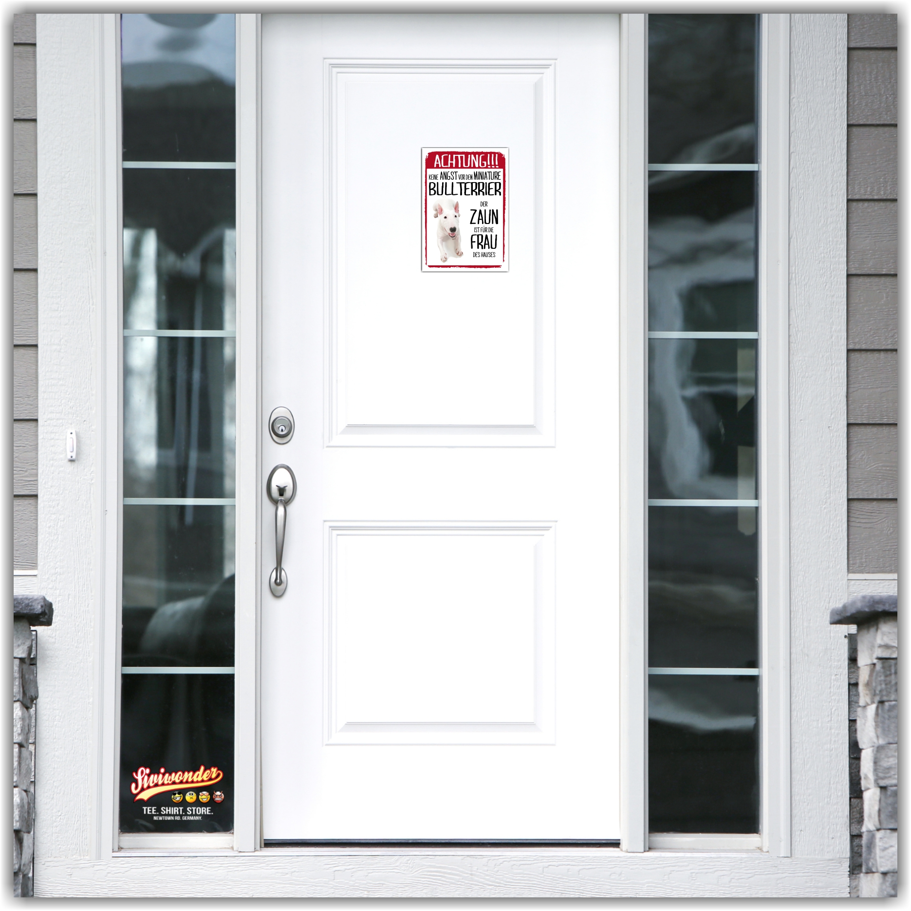 Miniature Bullterrier Dog Schild Achtung Zaun Frau Spruch Türschild Hundeschild Warnschild Fun
