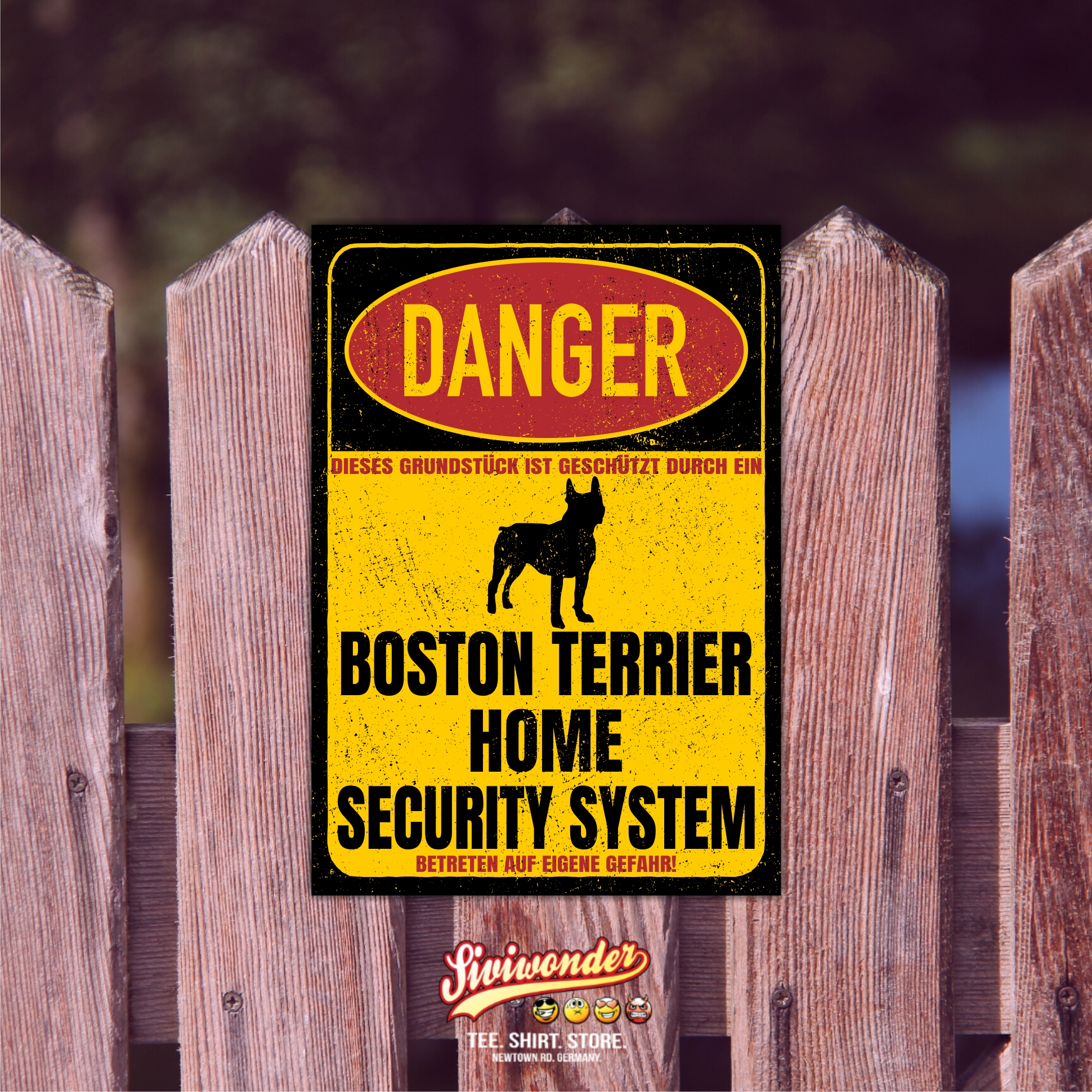 Boston Terrier Bostie USA State Bull Dog Bulldog  Dog Türschild Danger Security System Warnschild Hund Schilder Hundeschild happy Design by Siviwonder