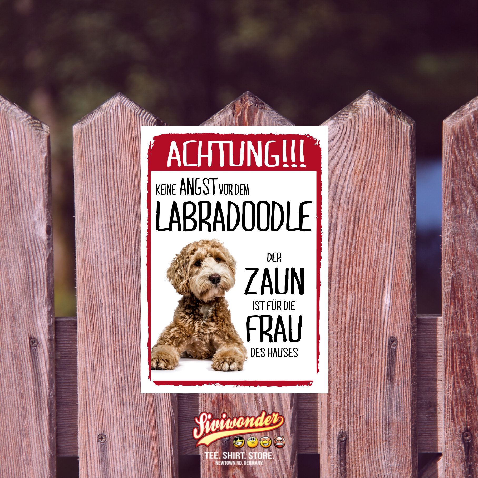 Labradoodle Dog Schild Achtung Zaun Frau Spruch Türschild Hundeschild Warnschild Fun