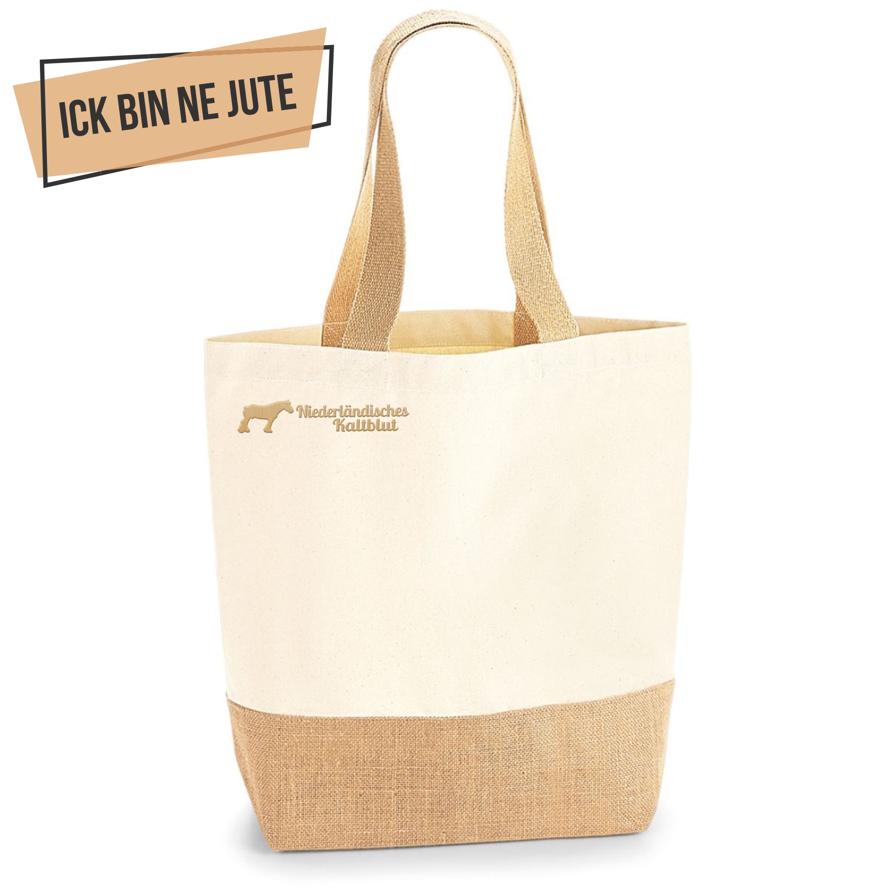 Niederländisches Kaltblut Jute Shopper Einkaufstasche Pferdemotiv Stickerei