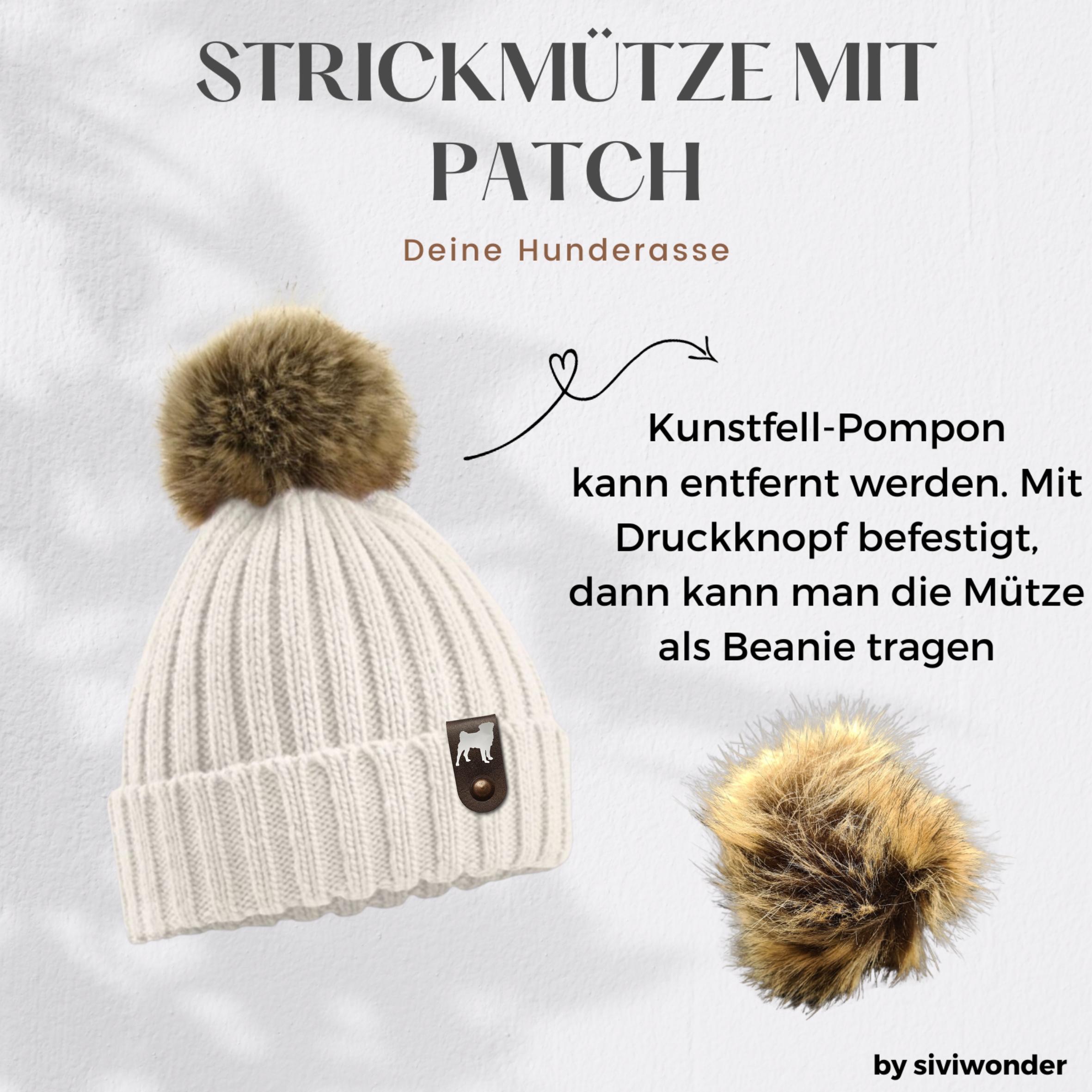 Mops Mütze Pompom Hunde Patch Gassi Beanie Strickmütze Bommel Warm Pug