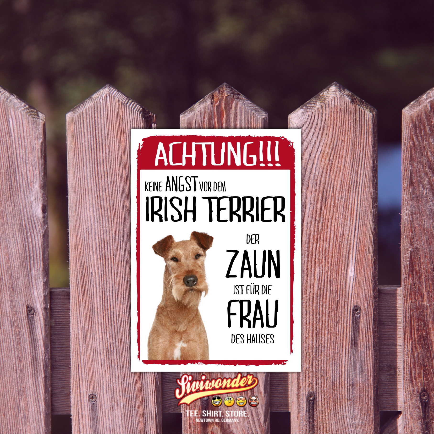 Irish Terrier Dog Schild Achtung Zaun Frau Spruch Türschild Hundeschild Warnschild Fun