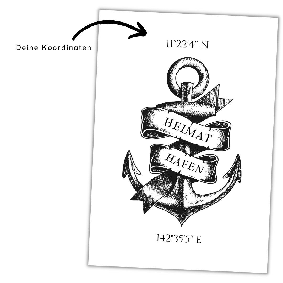 Personalisiertes Schild "HEIMAT HAFEN" mit Wunsch Koordinaten Geschenk Ankerplatz Dekoration