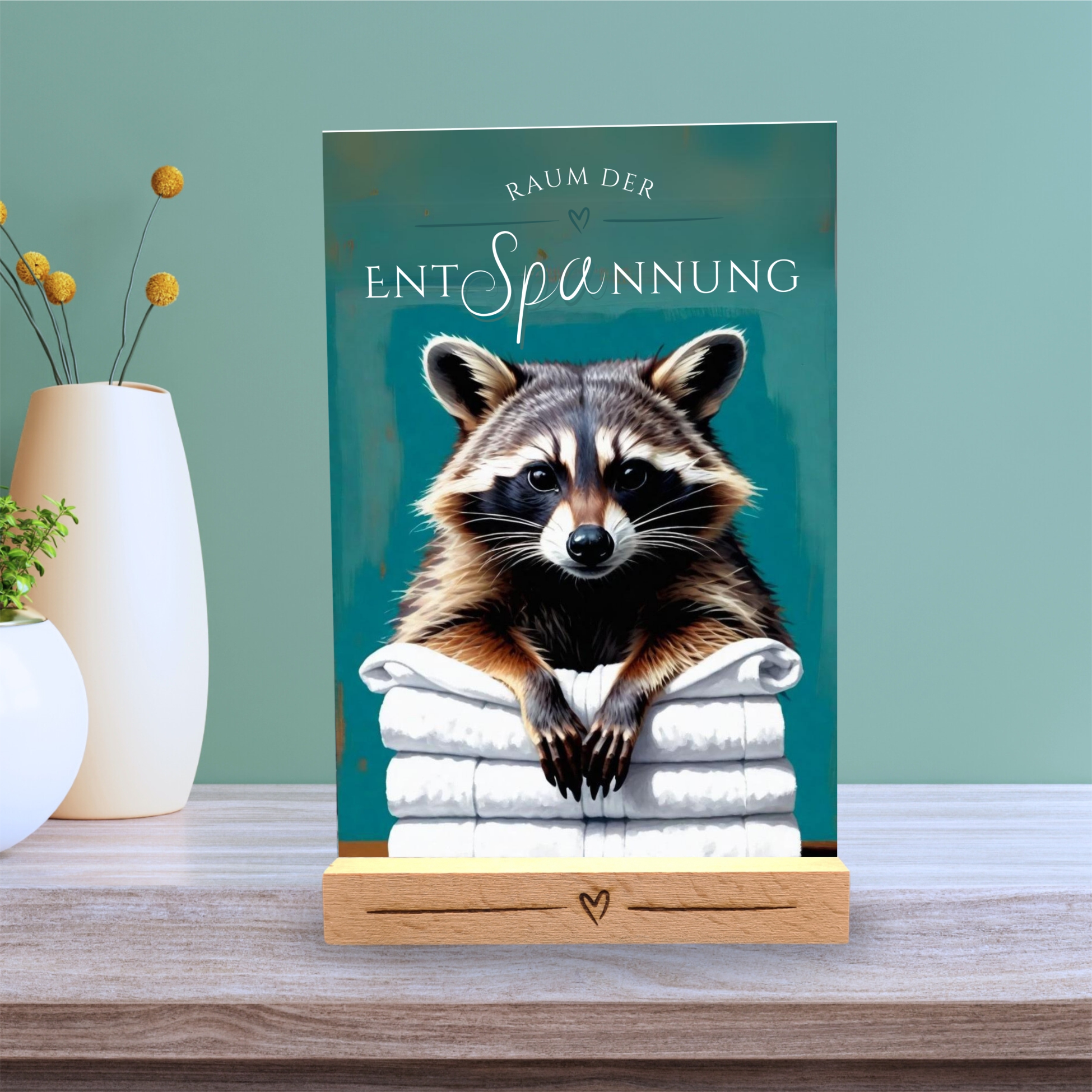 Waschbär Racoon Schild Wellness Handtuch Entspannung  Schild Spruch