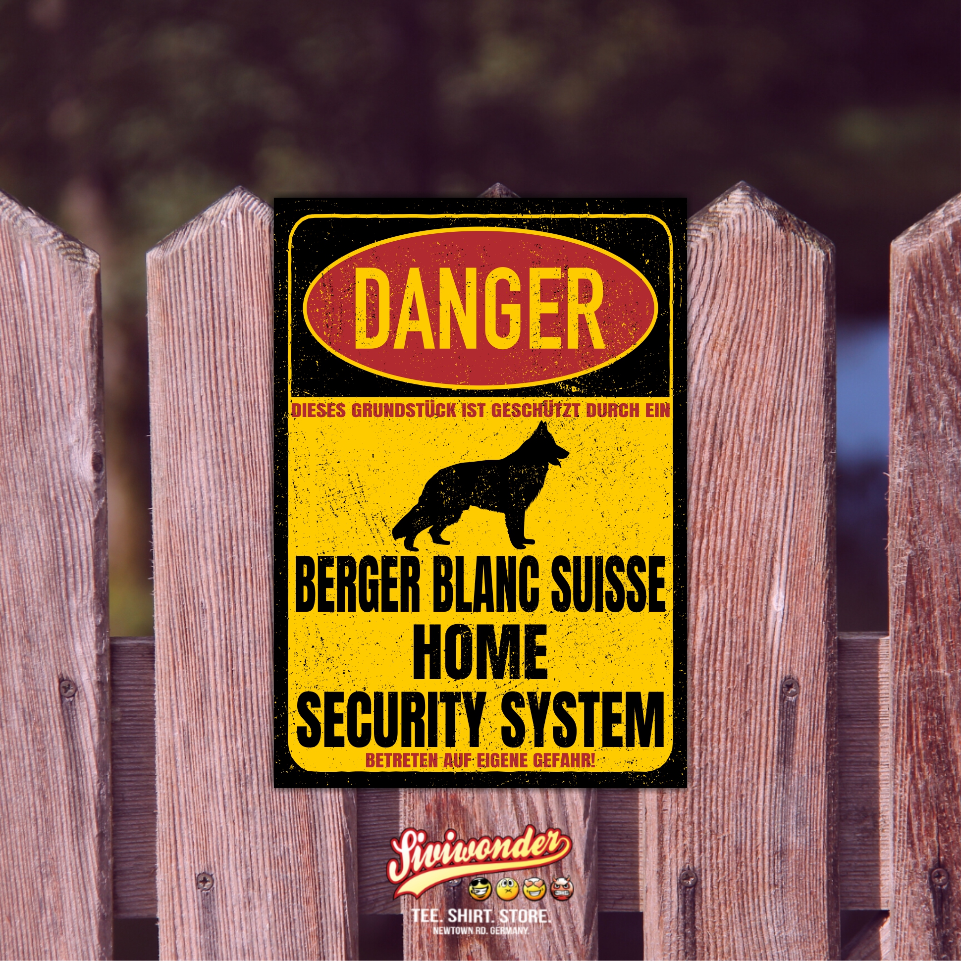 Berger Blanc Suisse Schweizer Schäferhund weißer Dog Mountain Schweiz Dog Türschild Danger Security System Warnschild Hund Schilder Hundeschild happy Design by Siviwonder